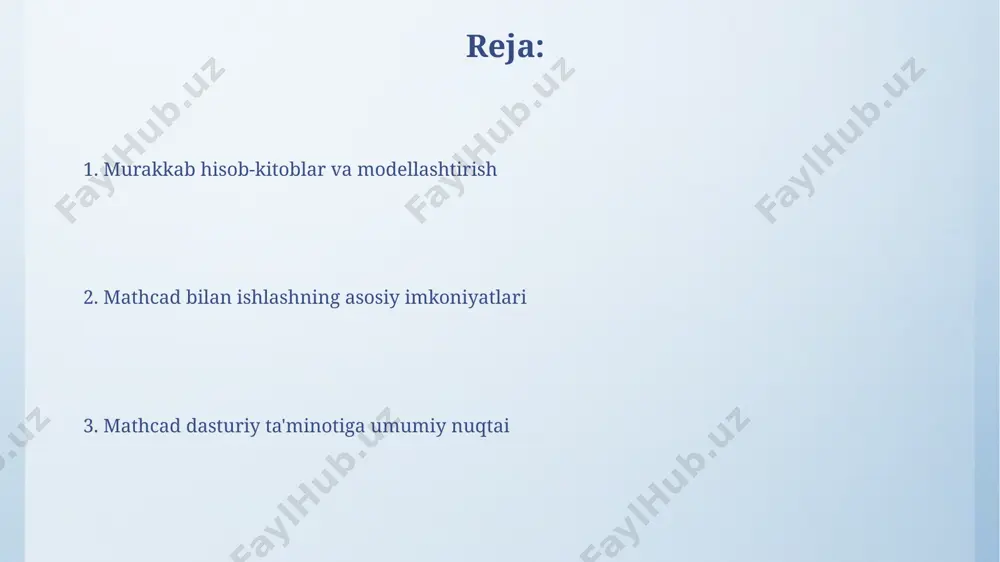 tenglamalarni yechish uchun 150 dan ortiq operatorlarni o'z ichiga oladi, bu murakkab muammolarni samarali hal qilishga imkon beradi. mathcad’dagi hisob-kitoblarni tekshirish va tahlil qilish uchun 3 xil turdagi xatoliklarni aniqlash tizimi mavjud bo'lib, ularning har biri o'ziga xos xususiyatlarga ega: sintaksis, mantiqiy va hisoblash xatolari. mathcad interfeysi bilan tanishish dastur 150 dan ortiq funksiyalarni o'z ichiga oladi, shu jumladan, differensial va integral hisoblash, matritsalar bilan ishlash, statistik tahlil va boshqalar. bu muhandislik va ilmiy hisob-kitoblar uchun qulay vositadir. mathcad interfeysi, 2d va 3d grafiklarni yaratish, tenglamalarni, matnlarni va hisob-kitoblarni birlashtirish imkoniyatini beradi, bu esa murakkab muammolarni vizual ravishda taqdim etishga yordam beradi. mathcadning qo'llanilishi misollari mathcad yordamida 1000 ta ma'lumotlar to'plamini statistik tahlil qilish, o'rtacha qiymat, standart og'ish va dispersiyani hisoblash mumkin. mathcad orqali 20x20 o'lchamdagi matritsalar ustida operatsiyalar bajarish, determinant va teskari matritsani hisoblash mumkin, bu esa katta hajmdagi ma'lumotlarni qayta ishlashda foydali. murakkab tenglamalarni yechish murakkab differentsial tenglamalarni, …