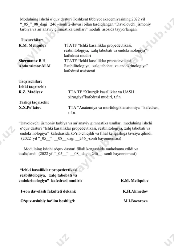 emestr 4-5 kreditlar 6 modul turi majburiy ta’lim tili o‘zbek haftadagi dars soatlari 4\2 modul nomi auditoriya mashg‘ulotlar (soat) mustaqil ta’lim (soat) jami yuklama (soat) dietologiyа 90 90 180 i. modulning mazmuni modulni o‘qitishdan maqsad – modul dasturini o‘qitishdan maqsad – insonda modda almashinuvi jarayoni, bemorlarni o‘tkazgan kasalliklaridan keyin organizmdagi tiklanish jarayonlari, tana vaznini korreksiyasi, bemorning hayot faoliyati, salomatlik holati, odatlari, nasliy omillar asosida bemorlarning shaxsiy ma’lumotlarini e’tiborga olgan holda dasturlar yaratishni o‘rganish. modulning vazifasi - ovqatlanish tizimini belgilovchi omillar majmuasini o‘rganish; insonning ovqatni tanlash motivlarini va ushbu tanlovning organizmga ta’siri mexanizmini o‘rganish; ozuqa moddalarining inson organizmiga ta’siri mexanizmini o‘rganish; ovqatning organizmga so‘rilishi, qayta ishlanishi, foydalanilishi va chiqarib yuborilishining yo‘llarini o‘rganish; sog‘lom ovqatlanish mexanizmlarini o‘rganish; insonning ratsional ovqatlanishi strategiyasini asoslash; alimentar-bog‘liq kasalliklarning profilaktikasi va ularni davolash qonunlarining mexanizmlarini o‘rganish. asosiy nazariy qism ii.i..ma’ruza mashg‘ulotlari № 5-simestr soat mavzular 1 ovqatlanish holatini baholash. 2 2 maxsus parxezlar. 2 3 allergik kasalliklarda …