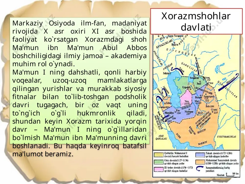 500 dan ortiq olimlarning ro`yxatini keltiradi. chex olimi yu.rushkaning tadqiqoticha, bu olimlarning aksariyati xorazm, farg`ona, shosh va xurosonlik bo`lgan. bu “aksariyat”ning ham deyarli uchdan ikki kismini xorazmliklar tashkil qilgan. ma'mun akademiyasining tashkil qilinishi. xorazmiy (813-833) ”bayt ul-hikma”da mudis sifatida faoliyat ko’rsatgan abu rayhon beruniy (973-1048) xorazmda ma`mun akademiyasida ijod qilgan samarqand akademiyasi mirzo ulug`bek ko`ragon 1394-1449 ulug`bek madrasasi. buxoro 1417 y. ulug`bek madrasasi umumiy ko`rinishi. samarqand 1420 y. ulug`bek madrasasi umumiy ko`rinishi. gijduvon 1433 y. ulug`bek rasadxonasining umumiy ko`rinishi ulug`bek rasadxonasi ulug`bek rasadxonasi. sekstant qoldig`i yang geveliyning “astronomiya darakchisi” kitobidan olingan gravyura (ulug`bek – chapdan uchinchi) ulugbek “zij”i nusxasidan ko`chirma mirzo ulug`bek shogirdi ali qushchi “o‘z davrining batlimusi” deb tanilgan ali qushchining to‘liq nomi alouddin ali ibn muhammad al-qushchi bo‘lib, u samarqandda tug‘ilib o‘sgan va xv asrda ilmiy faoliyat ko‘rsatgan matematik va astronomlardandir. uning tug‘ilish sanasi ma’lum bo‘lmasa-da, xiv asr oxiri yo xv asr boshida tug‘ilgan deb taxmin qilinadi. u …