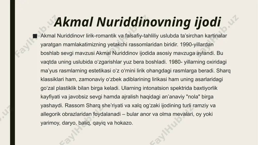 gan zamonda yashayapmiz. mana shu davrda odamlar ichki his-tuyg‘ularini unutib qo‘yib, pragmatik bir quruq munosabatga ega shaxsga aylanib qolyapti. hamma narsaga hisob-kitob bilan yondashadigan, har bir narsaga moddiyat bilan qaraydigan, o‘z foydamizni o‘ylaydigan bo‘lib qoldik. ko‘rgazmalarga kelgan odam salbiy qadamlarni tashlashdan to‘xtaydi, deb o‘ylayman. bu dunyoda nafaqat moddiyat, balki ruhiyat ham borligini bildirish, asarlarimni ko‘rib, o‘ziga o‘zi savol berishi va javob olishi, ruhiy dunyosida ko‘milib yotgan his-tuyg‘ularini ozgina bo‘lsa ham uyg‘otish — asosiy maqsadim. ana shunga erishish uchun qilingan ishlarimning barchasi ko‘ngil, ishq, muhabbat va ichki tug‘yon, anduh bilan bog‘liq”, — dedi akmal nur. “ . akmal nur 1959 yilda namangan shahrida tug'ilgan. 1972-73 yillarda. an'anaviy bezak san’ati ko'nikmalarini o'rgangan. 1974-78 yillarda. p.p benkov nomidagi respublika rassomlik kollejining rangtasvir bo'limida tahsil olgan. 1078-84 yil. a.n. ostrovskiy nomidagi toshkent davlat teatr va rassomlik institutining dastgohli rangtasvir yo‘nalishida tahsil olgan. 1985-89 yillarda. toshkentdagi sssr badiiy akademiyasi qoshidagi ijodiy ustaxonada tahsil olgan. 1990 …
