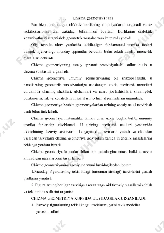 ralarning tekislikdagi tasvirlarini, ya'ni tekis modellar yasash usullari. 2. chizmada geometrik masalalarni grafik yul bilan echish usullari. 3. figuralarning berilgan tekis chizmalari buyicha ularning fazoviy kurinishini va vaziyatini tasavvur kilish xamda ularning yakkol tasvirlarini yasash usullari. 4. figuralarning garfik va analitik modellari xamda ularning biridan ikkinchisiga utish usullari. 2. asosiy geometrik tushunchalar va figuralar. geometriyaning asosiy tushunchalaridan biri geometrik figuralardir. ta'rif. xar kanday tartibda joylashgan nuktalar tuplami geometrik figura deyiladi. geometrik figuralarni tashkil kiluvchi nuktalar tuplami bir necha va cheksiz kup nuktalardan tuzilgan bulishi mumkin.geometrik figuralar juda kup. ammo shulardan eng asosiylari tugri chizik va tekislikdir. nuktalar, tugri chiziklar va tekisliklar orasida ma'lum munosabat urnatilgan bulib, buni etishlilik yoki tegishlilik deb yuritildi. masalan, a nukta a tugri chizikda yotadi (yoki tegishli): a ª a; a tugri chizik h tekislikda yotadi. (yoki tegishli): a ª h va xokazo. nukta. nukta eng boshlangich geometrik obrazdir. nuktani xajmsiz, yuzasiz, uzunlikka ega bulmagan geometrik …