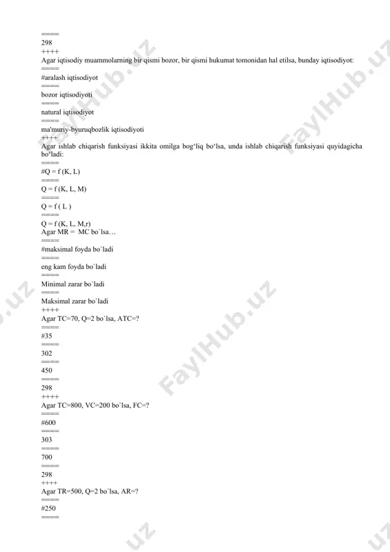 xarakteridagi ne’matlar bilan ta’minlaydi? ==== #davlat ==== tadbirkorlik sektori ==== uy xo’jaliklari ==== chet ellik jismoniy va huquqiy shaxslar ++++ bozor mexanizmining asosiy elementlari ==== #baho, talab, taklif, raqobat ==== foyda, talab, taklif, raqobat ==== baho, talab, ehtiyoj, raqobat ==== baho, talab, taklif, tovar +++ bozor talabiga quyidagi omillardan qaysi biri ta’sir ko'rsatmaydi? ==== #sotuvchilar soni ==== o'zaro to’ldiruvchi tovarlar narxi ==== o’rinbosar tovarlar narxi ==== istemolchilarning daromadi ++++ bozor tizimida biror bir tovarni sotishda cheklangan firmalar hukmronlik qilishi bu… ==== #oligopoliya ==== monopoliya ==== monopsoniya ==== auksion ++++ bozorda bo’ladigan savdo-sotiqda bozor qatnashchilaridan bir qismi kerakli va muhim axborotga ega qolgan qismi esa ega emasligi... ==== #asimmetrik axborot ==== simmetrik axborot ==== diversifikatsiya ==== chetlanish ++++ bozordagi asimmetrik axborotlarni yo‘qotish yo‘llarini belgilang. ==== #bozor signallari ==== haridorlar ==== loyihalar ==== bozor mexanizmi ++++ bozordagi barcha sub`yektlar yetarli ma’lumot bilan ta’minlangan bozor… ==== #simmetrik axborot ==== asimmetrik axborot ==== diversifikatsiya …