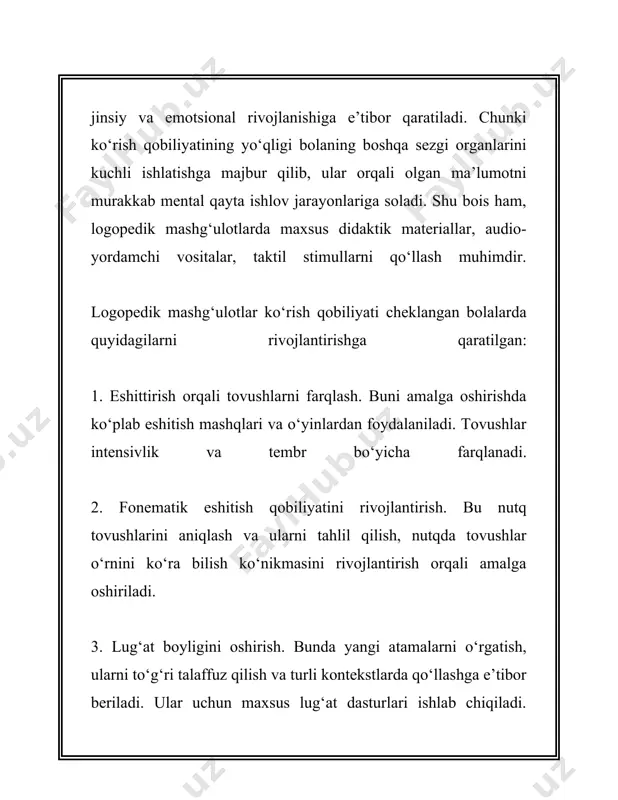 sa nutq orqali ijtimoiy integratsiyaga ta'sir qiladi. ular uchun o‘z atrofidagi odamlar bilan muloqot qilish va ularga moslashish jarayoni qiyin kechishi mumkin. 5. **o‘qituvchilar va mutaxassislarning roli**: ta'lim muassasalarida maxsus pedagoglar va logopedlar bilan ishlash ko‘zi ojiz bolalarni nutq rivojlanishida muhim yordam beradi. maxsus materiallar va o‘quv dasturlar ko‘zi ojiz bolalarni madaniy va ijtimoiy integratsiyaga muvaffaqiyatli kirishiga yordam beradi. 6. **statistik ma'lumotlar**: ko‘zi ojiz bolalar orasida nutqning kechikishi bilan bog‘liq muammolar taxminan 60 foizgacha kuzatilishi mumkin. shu bilan birga, mutaxassislar qo‘llab-quvvatlaganda, bu bolalarda nutq rivojlanishining normativ ko‘rsatkichlariga yetkazish imkoni mavjud. 7. **ko‘zi ojiz bolalarda audiovizual axborotning yetishmasligi**: ko‘rish imkoniyatidan mahrum bo‘lgan bolalar uchun atrof-muhitdan keladigan audiovizual axborotni qayta ishlash va tushunishda muammolar uchrashi mumkin. bu esa ularda tushunish va kommunikatsiyaga salbiy ta'sir qiladi. ushbu omillar ko‘zi ojiz bolalarning nutq rivojlanishiga qanday ta’sir qilayotganini tushunishda yordam beradi. nutq rivojlanishidagi bu farqlarni yengib o‘tish uchun ko‘zi ojiz bolalar bilan ishlaydigan pedagoglar, logopedlar …