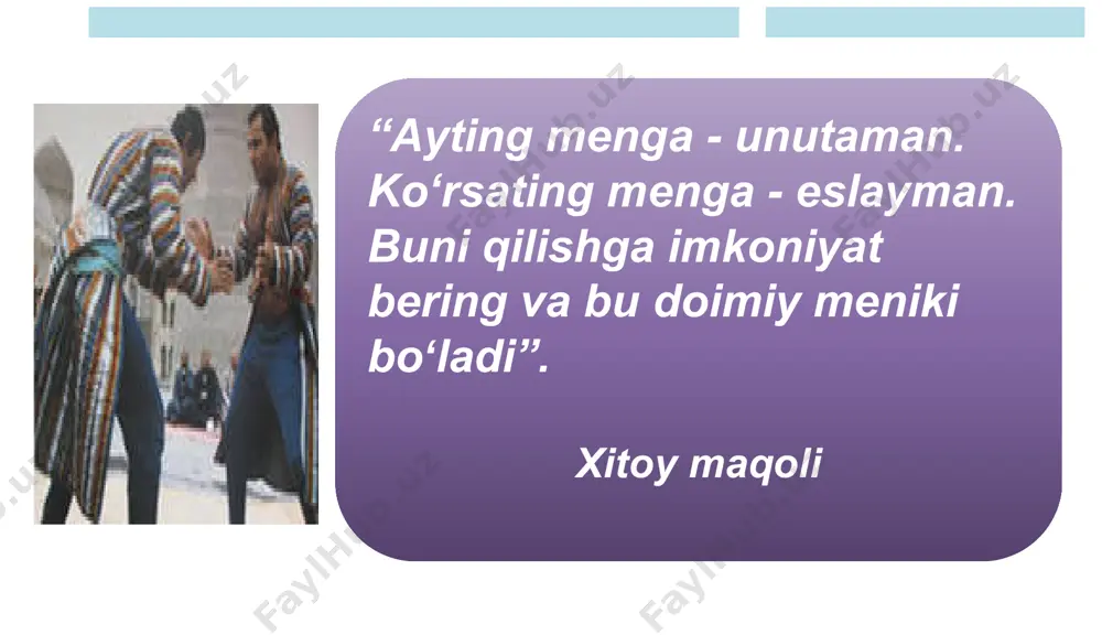 ’z-o’zini namoyon qilish o’z ustida tinimsiz ishlash vaziyatni baholash va muammolarni yechish ko’nikmasiga ega bo’lish tashkilotchilik, ijodiy yondashuv boshqaruv ko’nikmasiga ega bo’lish sportchi jamoda sogʼlom muhitni tashkil qilish koʼmakchi - bilim, tajriba, yaxshi psixolog, xayrihohlik maslahatchi – vijdonli, dilkash, hazil-mutoyiba tuygʼusiga ega, adolatli tarbiyachi – yuqori darajada madaniyat va maʼnaviylik, shaxsiy namunaviy xulq, vatanparvarlik va burch tuygʼusi, insonparvarlik va ijtimoiy tayyorgarlik, oʼquv-tarbiyaviy ishlarni tashkil etish sport faoliyatidagi motivlari: tashqi manbalar bilan bog‘langan (hayotning ijtimoiy shart-sharoitlari). ichki manbalar bilan bog‘langan (tug‘ma, erishilgan ehtiyojlar). shaxsiy manbalar bilan bog‘langan (qiziqishlar,intilishlar va boshqalar). sportchilarda qo‘llaganda guruhdagi asosiy jarayonlar samarali o‘zaro muloqot (o‘zaro ta’sir) refleksiya, qayta aloqa monitoring motivatsiya faoliyatning tahlili va natijalarni baholash axborot almashinuvi (kommunikatsiya) vizualizatsiya, mavzuni ko‘rgazmali ochib berish e’tiboringiz uchun rahmat image1.jpeg image2.jpeg image3.jpeg image4.jpeg image5.jpeg image6.jpeg image7.jpeg image8.jpeg image9.jpeg image10.png image11.png image12.png image13.png image14.jpeg image15.png image16.jpeg image17.jpeg image18.jpeg image19.png image20.wmf /docprops/thumbnail.jpeg