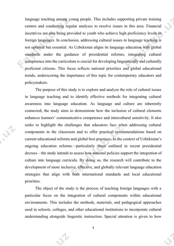 ationship between language and culture, intercultural communication, and modern pedagogical strategies in language education. · presidential decrees and government decisions of uzbekistan—particularly the presidential decree pq–5117 (2021), the 2023 national address, and the 2024 reforms introducing foreign language focus programs—which provide the legal and strategic foundation for cultural integration in education. · foreign language textbooks and curricula currently used in educational institutions in uzbekistan and abroad, with emphasis on how cultural elements are embedded. · teacher training materials and methodological guides that illustrate how educators are prepared to integrate cultural awareness into language lessons. · case studies and classroom examples from both local and international schools that showcase practical applications of cultural content in language teaching. the aim of this course work is to examine the importance of cultural issues in language teaching and to identify effective strategies for integrating cultural knowledge into language education. it seeks to highlight how …
