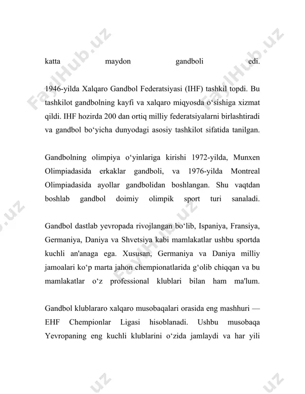 bol o'yini uchun to'p va jihozlar haqidagi ma'lumotlar quyidagicha: gandbol to'pi: 1. gandbol to'pi maxsus ehtiyotkorlik bilan ishlab chiqarilgan va qo'lda o'ynash uchun qulay bo'lishi kerak. 2. to'pning kattaligi va og'irligi o'yinchilarning yoshiga va jinsiga bog'liq ravishda farq qiladi. 3. kattalar jamoasi uchun erkaklar o'yinlarida foydalaniladigan standart to'pning aylana uzunligi 58–60 sm va vazni 425–475 g bo'lishi kerak. 4. ayollar va yoshlar o'yinlarida standard to'pning aylana uzunligi 54–56 sm va vazni 325–400 g bo'lishi kerak. 5. yosh bolalar uchun to'plar yanada kichik va yengil bo'ladi. 6. to'p odatda sintetik materialdan yoki tabiiy charmdan ishlanadi, yuzasi qo'ldan sirpanmasligi uchun maxsus tekstura bilan qoplanadi. 7. gandbol to'pi ihf (xalqaro gandbol federatsiyasi) tomonidan tasdiqlangan bo'lishi kerak va tegishli belgilarga ega bo'lishi lozim. gandbol jihozlari: 1. gandbolchilar odatda qulay sport kiyimlar kiyishlari kerak; bu odatda futbolkaning ustiga kiyiladigan yengil ko'ylaklar va maxsus sport shortilardan iborat bo'ladi. 2. har bir o'yinchi uchun maxsus sport poyafzallari …