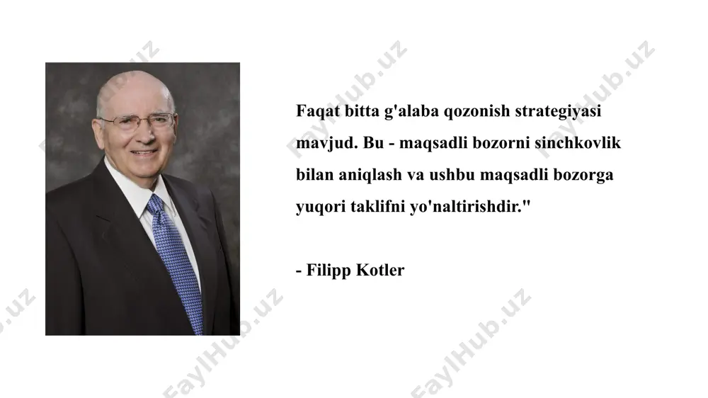 gan strategiyalarni yaratganida bo’ladi. misol uchun, do'kon kamida ikkita shahar yoki kamida ikki yosh guruhidagi insonlarni qiziqtiradigan mahsulotni sotishi mumkin. differentsial marketing ko'pgina korxonalar bir necha sabablarga ko'ra o'z strategiyalarida ushbu turdagi marketingni afzal ko'rishadi: bu ularga mijozlarning turli ehtiyojlarini qondirish imkonini beradi; u turli yondashuvlar bilan turli auditoriyalarga erishishga yordam beradi; u resurslarni samarali taqsimlashni ta'minlaydi; u raqobatdosh ustunlikni ta'minlaydi; bu sizning auditoriyangiz bilan o'zgarishlarga tezkor javob berishga imkon beradi; samarali tarqatish kanalini yaratishga yordam beradi. differentsial marketing masalan, tesla. ushbu elektr avtomobil kompaniyasi birinchi navbatda hashamatli sektordagi mijozlarga mo'ljallangan. ularning ekologik toza avtomobillari boshqalardan ajralib turadigan bir qancha xususiyatlarga ega, jumladan, dasturiy ta'minotni muntazam yangilash, o'z-o'zini boshqarish funktsiyalari, quyosh panellari va boshqalar. differentsial marketing konsentrlangan marketing (niche marketing) strategiyasidan foydalanganda, firma katta bozorning kichik ulushini olish o'rniga, bir yoki bir nechta kichik segmentlar yoki bo'shliqlarning katta ulushiga intiladi. konsentrlangan (niche) marketing mikromarketing - bu aniq shaxslar va mahalliy …