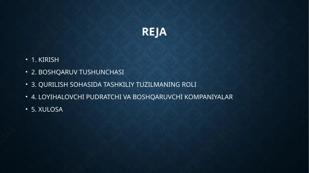 . tashkiliy tuzilma qanchalik samarali va moslashtirilgan bo‘lsa, ishlar shunchalik tartibli, muvofiqlashtirilgan va natijador bo‘ladi. ushbu taqdimotda qurilishdagi boshqaruv nazariyasining asoslari, tashkiliy tuzilmalar turlari, loyiha ishtirokchilari – jumladan loyihalovchi, pudratchi va boshqaruvchi kompaniyalar – o‘rtasidagi o‘zaro aloqalar, ularning vazifalari va amaliy muammolar haqida so‘z yuritiladi. maqsad – qurilish jarayonini samarali tashkil etish uchun zarur bo‘lgan boshqaruv elementlari va strukturalarni yoritishdir. boshqaruv tushunchasi boshqaruv – bu insonlar guruhi tomonidan qo‘yilgan maqsadlarga erishish uchun resurslar, jarayonlar va faoliyatlarni rejalashtirish, tashkil etish, muvofiqlashtirish, rag‘batlantirish va nazorat qilish faoliyatidir. boshqacha aytganda, boshqaruv – bu tashkilot yoki loyiha faoliyatini belgilangan yo‘nalishda yuritib borishga qaratilgan doimiy jarayondir. boshqaruv deganda faqat rahbarlik qilish emas, balki turli bosqichdagi qarorlar qabul qilish, resurslarni optimal taqsimlash, inson omilini hisobga olish, xavflarni aniqlash va ularni minimallashtirish tushuniladi. har qanday tashkilot, jumladan qurilish tashkiloti, o‘z maqsadlariga erishish uchun qat’iy va aniq boshqaruv tizimiga ega bo‘lishi shart. qurilish sohasi murakkab va ko‘p ishtirokchili …