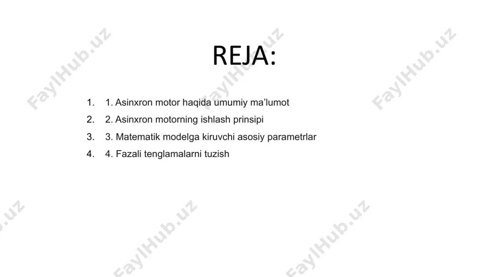 ish mumkin. bunday yondashuvlar yordamida model tenglamalari soddalashadi, yechish osonlashadi va tizimni tahlil qilish tezroq va samaraliroq bo‘ladi. 8. model asosida tahlil va simulyatsiya asinxron motorning matematik modeli uning ish faoliyatini tushunish va nazorat qilishda muhim ahamiyatga ega bo‘lgan analitik vositalardan biri hisoblanadi. model asosida qurilgan tenglamalar elektr va mexanik holatlarni ifodalaydi, bu esa harakatni tahlil qilish uchun matematik asos yaratadi hamda aniqlikni oshiradi. tayyor model yordamida simulyatsiyalar o‘tkazilib, motor holatining real vaqtdagi reaksiyalari oldindan ko‘riladi va samarali yechimlar ishlab chiqiladi. xulosa: 12 model orqali motorning elektr va mexanik qismlarining o‘zaro ta’sirini o‘rganish mumkin. bu, motorning samarali ishlashini optimallashtirish, energiya tejash va boshqa texnologik maqsadlar uchun muhimdir. matematik modelni tahlil qilish va amaliy misollar yordamida motorning ishlashini o‘rganish elektr texnikasi va muhandislikda muhim o‘rin tutadi. hamaga raxmat