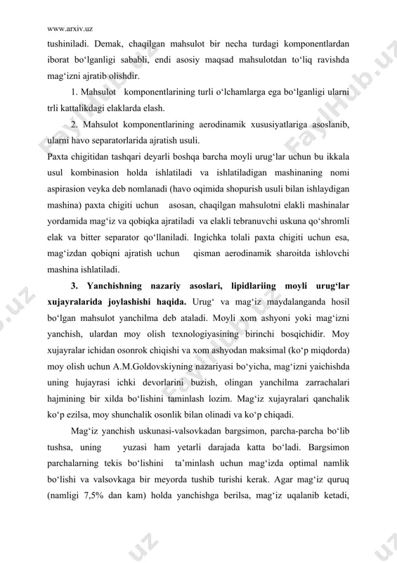alsovkaga bir meyorda tushib turishi kerak. agar mag‘iz quruq (namligi 7,5% dan kam) holda yanchishga berilsa, mag‘iz uqalanib ketadi, bargsimom parcha hosil bо‘lmaydi. mayda talqon olidagi yanchilmani namlash qiyinlashadi, u yumaloqlanib qolib, ichiga suv kira olmaydi. mag‘izdagi namlik maksimal (12% dan ortiq) bо‘lsa ham sifatli bargsimon parcha hosil bо‘lmaydi. nami kо‘p mag‘izdan tasma yoki yumaloq shakldagi yopishqoq massa chiqib, u to qozonga yetib borguncha transport elmentlarida tiqilib qoladi. mag‘iz ortiqcha namlanganda, xujayralardagi moy bо‘shalib sirtga chiqib ketishi mumkin. mag‘izga berilgan suv uning xujayralari orasida joylashgan tomchi shaklidagi moyni siqib chiqara boshlaydi. bu jarayon mag‘izni ezish vaqtida yanada tezlashib ketadi. natijada valsovka vallari (о‘qlari) moylanib, ular sirg‘anchiq bо‘lib qoladi va tovarni bir qismi ezilmasdan о‘tib ketadi. mahsulotning ichki strukturasini buzilganlik darajasini elash usuli yoki boshqa usullar bilan aniqlanadi. elash usuliga binoan, hosil bо‘lgan talqondan 50 yoki 100 gr olinib, 10 daqiqa davomida elanadi va elakdan о‘tgan qismi olingan miqdorga nisbatan % …