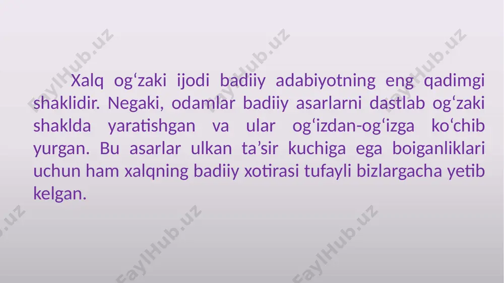 g’ri va ohangdor talaffuz qilish ko’nikmalarini orttiradi. bu janrga mansub asarlar bolalarni biyron so’zlashga o’rgatish bilan birga, ularga estеtik zavq bеradi, fikrlash qobilyatini o’stiradi, xotiralarni mustahkamlaydi. ertaklar xalq og’zaki poetik ijodidagi eng boy va rang barang janrlardan biri ertakdir. xalq tomonidan yaratilgan ko’plab ertaklarda bolalarning o’ziga xos hayoti chеtlab o’tilmagan. hatto turli yoshdagi bolalar uchun juda ko’p maxsus ertaklar yaratilgan. xalq ertaklari o’z xususiyatlariga ko’ra bir nеcha turga bo’linadi: hayotiy ertaklar, hayvonlar haqidagi ertaklar, sеhrli - afsonaviy ertaklar, ijtimoiy - maishiy ertaklar. https://www.youtube.com/watch?v=qosmi_blx1q https://www.youtube.com/watch?v=stcy_omfmg0 image1.png image2.png image3.png image4.png image5.png image6.png image7.png image8.png image9.png image10.png image11.png image12.png image13.gif image14.png image15.png image16.png image17.png image18.png image19.png image20.png image21.png image22.png image23.png image24.png image25.png image26.jpeg image27.png image28.png image29.png image30.png image31.png image32.png image33.png image34.png image35.png image36.png image37.png image38.png image39.png image40.png image41.png image42.png image43.png image44.png image45.png image46.png image47.png /docprops/thumbnail.jpeg