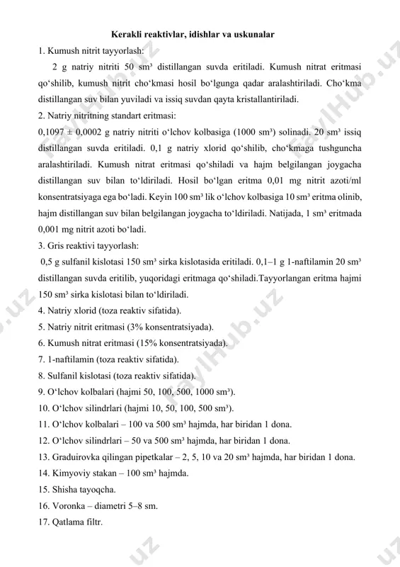 ga oladi. 1 soat o‘tgach, spektrofotometrda (520 nm to‘lqin uzunligida) yoki fotokolorimetrda (№6 yorug‘lik filtri orqali) optik zichlik o‘lchanadi. nazorat eritmasi 50 sm³ distillangan suvga 2,0 sm³ gris reaktivi qo‘shiladi va shu ma’lumotlarga asoslanib graduirovka grafigi tuziladi. ordinatada nitrit azotining miqdori (mg/50 sm³ eritma), abssissada optik zichlik belgilanadi. tahlil qilinayotgan namunani tayyorlash va o‘lchash: 5 g nozik maydalangan go‘sht mahsuloti kimyoviy stakanga solinadi. 40 sm³ distillangan suv qo‘shilib, aralashtiriladi. stakan suv hammomida 2 soat davomida 100°c haroratda isitiladi. olingan eritma 500 sm³ hajmli o‘lchov kolbasiga quyiladi. stakan va tayoqcha issiq suv bilan yuvilib, yuvindi suyuqliklar ham shu kolbaga qo‘shiladi. eritma hajmi taxminan 300 sm³ gacha yetkaziladi va yana 2 soat davomida 100°c haroratda suv hammomida isitiladi. eritma sovitilib, distillangan suv bilan belgilangan hajmgacha to‘ldiriladi va aralashtiriladi. filtrlash va tahlil qilish: eritma konussimon kolbaga filtrlanadi. 20,0 sm³ tiniq filtrat olinadi (bu 0,2 g mahsulotga teng). olingan filtrat 50 sm³ hajmli o‘lchov …