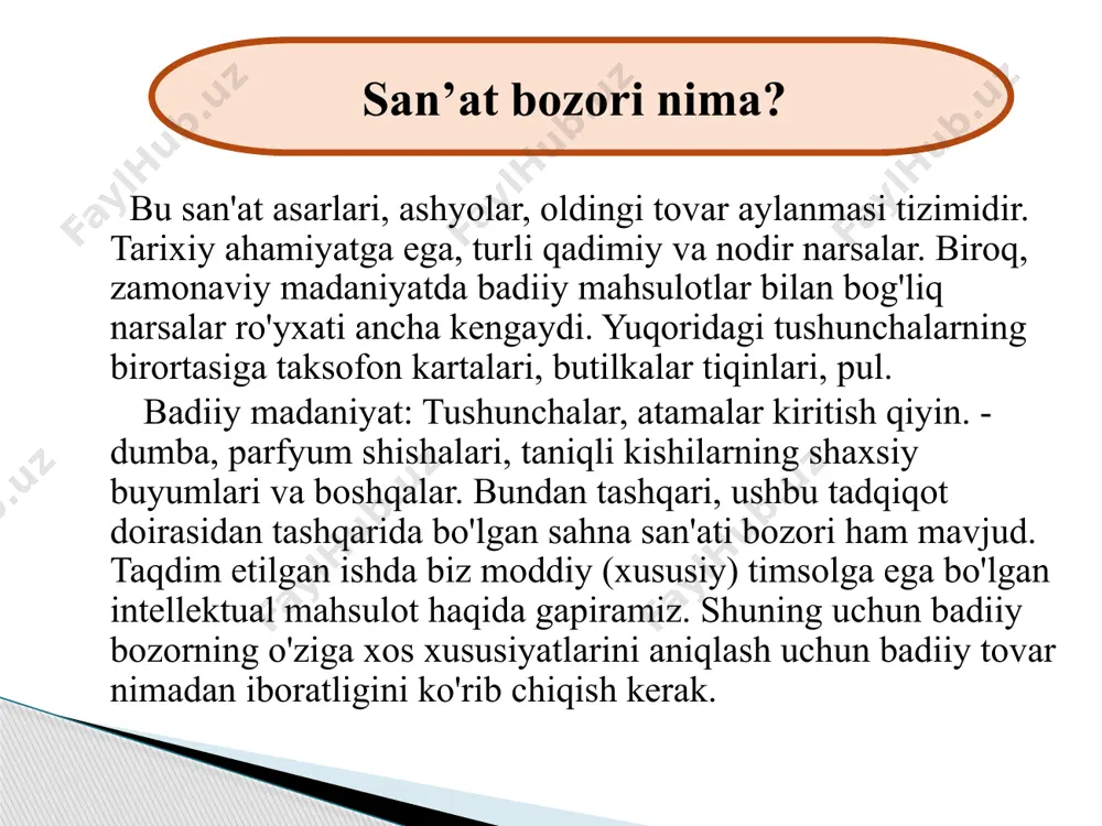), maqsadni belgilash va natijani aniqlash (proyektiv faoliyat), o'z pozitsiyasini ifodalash, ko'rsatish va amalga oshirish qobiliyati (taqdimot faoliyati). san'at bozorida professional ish uchun eng muhim shartlar. 1860-yillarning o'rtalarida impressionistik rasmlarning paydo bo'lishi frantsiyaning rasmiy akademik doiralari tomonidan qanchalik dushmanlik bilan qabul qilingan va avangard rassomlar ijodida 1930-1970 yillardagi rasmiy sovet san'ati tanqidi bunday emas edi. har qanday badiiy qiymatni ko'ring. madaniyat tarixi turli davrlardagi o'xshash misollar bilan to'lib-toshgan bo'lib, ular san'at asarlarining o'zgaruvchan va doimiy o'zgaruvchan qadrlanishini tasdiqlaydi. san'at tushunchasi tarixiy va ijtimoiy-madaniy jihatdan o'zgaruvchan, chunki u hozirgi vaqtda ma'lum bir jamiyatda mavjud bo'lgan umume'tirof etilgan ierarxik qadriyatlar shkalasi bilan ajralmas bog'liqdir - "uyg'onish davri ustalarida bu bir xil emas edi. o'rta asrlarda, barokko ustalarida u klassitsizmlardan, realistlardan boshqa modernistlarda va hokazolardan farqli edi. m.s. kogan "madaniyat rivojlanishidagi turli tarixiy bosqichlarning o'zgarishi qadriyatlar dominantlarining o'zgarishiga va shunga mos ravishda aksiosferaning doimiy qayta tuzilishiga olib keladi" san'at bozori tarixini yig'ish va …