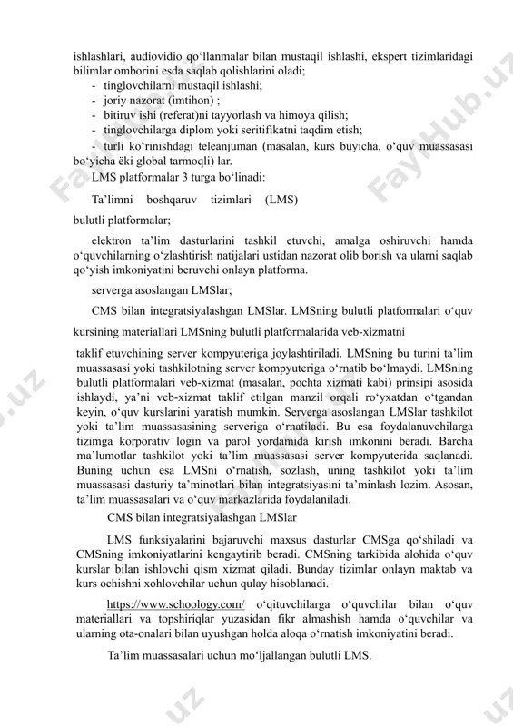 n turib o‘zaro aloqa qilishi. masofali o‘qitishning asosiy maqsadi: tinglovchilar qayerda yashashlaridan qat’iy nazar jaxondagi ixtiyoriy ta’lim muassasasida o‘qish imkoniyatini yaratish, ta’lim muassasalaridagi professor-o‘qituvchilarning saloxiyatlardan foydalangan holda ta’lim sifatini oshirish, o‘quvchilarga uzluksiz ta’lim olishni ta’minlash va ta’limning turli shakllarini bir-biriga yaqinlashtirishdan iborat. masofali ta’lim tizimining an’anaviy ta’lim shaklidan farqi, uning egiluvchanligiga bog‘liq ravishda yuqori xarakatchanligi, tinglovchilarning mustaqil ishlash imkoniyatini kattaligi, o‘quv - uslusbiy ta’minotning rang barang shakldaligida bo‘lib, ular tinglovchilarning qayerdaligidan qat’iy nazar ta’lim jarayonini samaradorligini ko‘tarishga imkon beradi. masofali o‘qitish tizimiga quyidagilarni kiritish mumkin: dastlabki tashkiliy ishlar (an’anaviy tartibda o‘tkazish ham mumkin). bu o‘z ichiga guruhni shaklalantirish, tinglovchilar bilan tanishish, ularni boshlang‘ich bilimlarini aniqlash uchun mo‘ljallangan (kirish) testidan o‘tkazish, kirish darslari tashkil etish, o‘qish uchun zarur bo‘lgan o‘quv manbalarni tavsiya qilish va boshqa tashkiliy masalalarini oladi; · tinglovchilarga elektron ma’ruza va qo‘llanmalarni uzatish; · tinglovchilarni tyutor – konsultant bilan yozishmasi; · professor - o‘qituvchilarni tinglovchilar bilan yozishmasi. bu o‘z …