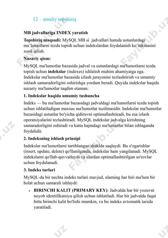 nli qidiruv uchun ishlatiladi. matnli ma'lumotlar bilan ishlaganda, bu indeks izlashni tezlashtiradi. • kompanitsiyalangan indeks (composite key): bir nechta ustunlar bo'yicha indeks yaratish imkonini beradi. 4. indekslarni qanday ishlatish kerak indekslar faqat kerakli ustunlar bo'yicha yaratilishi kerak, chunki har bir indeksning o'zining yangilanish xarajatlari mavjud. juda ko'p indekslar yaratish ma'lumotlar bazasining ishlashini pasaytirishi mumkin, chunki har bir o'zgarish (insert, update, delete) indeksni yangilashni talab qiladi. • qidiruvlar uchun indekslar: agar tez-tez qidiruvlar amalga oshiriladigan ustun bo'lsa, bu ustun bo'yicha indeks yaratish foydalidir. • join operatsiyalari uchun indekslar: agar siz bir nechta jadvalni birlashtirayotgan bo'lsangiz, birlashtiriladigan ustunlar bo'yicha indekslar yaratish tezlikni oshiradi. • order by va group by uchun indekslar: agar so'rovlar order by yoki group by ishlatsa, ushbu ustunlar bo'yicha indeks yaratish qidiruvni tezlashtiradi. index yaratishdan oldin so'rov so'rov: payments jadvalidagi jami to'lovlarni hisoblash. index yaratish 3. index yaratgandan keyin so'rov 4. indexni o'chirish indexlashdan oldingi tezlik index quyilgandan keying …