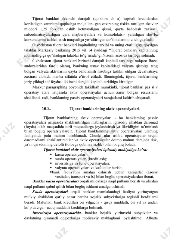 jatlar va bazel andozalariga ко ya birinchi darajali kapital asosiy kapital sifatida ham e’tirof etiladi. tijorat banklari asosiy (birinchi darajali) kapitali xalqaro bazel andozalariga asosan ustav kapitalining tolangan qismi, muddatsiz nekumulyativ imtiyozli aksiya- lar, emission daromad, sof foyda hisobidan shakllantirilgan zaxira summalari va o^gan yillaming taqsimlanmagan foydasidan tashkil topadi. tijorat banklari ikkinchi darajali (qo‘shim ch a) kapitali kreditlardan koriladigan zararlami qoplashga moljallan- gan zaxiraning riskka tortilgan aktivlar miqdori 1,25 foizidan oshib ketmaydigan qismi, qayta baholash zaxirasi, subordinatsiyalashgan qarz majburiyatlari va konsolidatsi- yalashgan sho^ba korxonalarini tashkil etish maqsadiga yo^altirilgan qo^ilmalami o‘z ichiga oladi. o‘zbekiston tijorat banklari kapitalining tarkibi va uning etarliligiga qoyilgan talablar markaziy bankning 2015 yil 14 iyuldagi “tijorat banklari kapitalining monandligiga qo^iladigan talablar to‘g‘risida”gi nizomi asosida tartibga solinadi. 0‘zbekiston tijorat banklari birinchi darajali kapitali tarkibiga xalqaro bazel andozalaridan farqli olaroq, bankning ustav kapitalidagi valyuta qismiga teng bolgan valyuta aktivlarini qayta baholanish hisobiga tashkil etilgan devalvatsiya zaxirasi alohida manba sifatida …
