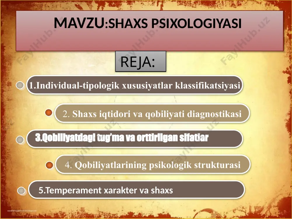 ida ikkita asosy qisimlarni ajratuvchi nazariya ko`zga ko`rinarli o`rini egalamoqda inson shaxsi endopsixik va ekzopsixik ichki va tashqi a`zolarga bo`linadi tabiy asosga ega bo`lgan endopsixika biologic shart –sharoitga bog`liq shaxs o`zining faoliyati tufayli tevarak atrofidagi olam bilan faol munosabatda bo`ladi xx asr boshlarida yashagan avstriyalik psixiatr z.freyd shaxs faoligini quyidagicha tushuntiradi odam o`zining avlodlaridan nasliy yo`l bilan o`tgan instinktiv mayllarning namoyon bo`lishi tufayli faoldir. irsiyat –orqali bolaga nerv tizimi shartsiz reflekslar tashqi ko`rinishi irsiy kasaliklar va layoqatlar utadi irsiyat orqali ota-onasidan bolaga o`tadigan xususiyatlar yordamchi omil sifatida ta`sir etadi пользователь (п) - zamonaviy psixologiyaning kelib chiqishida aristotel, ibn sino ,rudolf goklenius birinchi bo`lib ``psixologiya `` tushunchasini ishlatgan zigmund freydni esa hatto psixologiya aloqasi bo`lmagan odam ham eshitgan, fan sifatida psixologiya 19-asrning ikkinchi yarmida falsafa va fiziologiyadan ajralib chiqan holda paydo bo`ldi. psixologiya psixikaning mexanizimlarini, ongsiz ravishda va shaxs tomonidan amalga oshirilishini o`rganadi это изображение, автор: неизвестный автор, лицензия: cc by-nc-nd …
