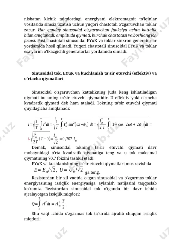 a ajralib chiqqan issiqlik miqdori: ularni o'zaro tenglab, quyidagini hosil qilamiz: yoki shunday qilib, sinusoidal tokning ta'sir etuvchi qiymati miqdor jihatdan o'zgarmas tokning shunday qiymatiga tengki, unda sinusoidal va o'zgarmas toklar teng vaqt mobaynida rezistordan o'tganda undan ajralib chiqqan issiqlik miqdorlari o'zaro teng bo'ladi. ko'pchilik (elektromagnit, ferrodinamik, elektrodinamik, issiqlik va h.k. sistemali) o'lchash asboblari sinusoidal kattalikning ta'sir etuvchi (effektiv) qiymatini o'lchaydi. sinusoidal kattalikning amplituda qiymatini ossillograflarda o'lchash yoki ta'sir etuvchi qiymat orqali hisoblab topish mumkin. начало формы sinusoidal o'zgaruvchan kattaliklarning o'rta qiymati deb, uning yarim davr ichidagi o'rtacha qiymati tushuniladi. demak, sinusoidal tokning o'rtacha qiymati: конец формы ya'ni sinusoidal tokning o'rtacha qiymati amplituda qiymatning qismini tashkil qiladi. sinusoidal eyuk va kuchlanishlar uchun ham xuddi shunday tengliklar o'rinli: sinusoidal tokning o'rtacha qiymatini magnitoelektrik asbobga ketma-ket yarim o'tkazgichli diod ulab o'lchash mumkin. 1-masala: magnit induksiyasi в = 0,8 tl bo'lgan bir jinsli magnit maydonda uzunligi l m eni d=0,2 m mis simdan …