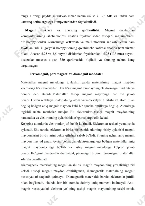 lari orasidagi o‘zaro ta’sir kuchlari, mexanik, elektr, magnit, optik va boshqa xossalari jihatidan turli guruhlarga bo‘linadi. masalan, elektr xossalari bo‘yicha qattiq jismlar yaxshi o‘tkazgichlar (metallar), yarim o‘tkazgichlar (bu atamani qo‘shib yozsa ham bo‘ladi), dielektriklar guruhlarini tashkil qiladi. magnit xossalari jihatidan esa diamagnit, paramagnit, ferromagnit, antiferromagnit va ferritlar deb ataladigan qattiq jismlar turlari mavjud. modda qattiq holatda - kristall yoki amorf shaklda bo‘lishi mumkin. kristallar doimiy shaklga ega, amorf jismlar esa doimiy shaklga ega emas, bu ularning nomlanishidan ham kelib chiqadi, «amorf» grekcha so‘z bo‘lib, «shaklsiz» degan ma’noni anglatadi. kristall moddalar bitta yaxlit kristalldan (monokristall) va juda ko‘p «o‘sgan» kristallchalar (polikristallar) dan iborat bo‘lishi mumkin. masalan, barcha temir buyumlar polikristall temir bo‘laklaridan tayyorlangan. amorf moddalarga misol qilib, shishani olish mumkin. bir moddaning o‘zi termodinamik sharoitga bog‘liq ravishda kristall yoki amorf holatida bo‘lishi mumkin. masalan: oltingugurt kristall shaklda (sariq rangda) va amorf (plastik oltingugurt –to‘q qo‘ng‘ir rangda) bo‘ladi. kvars – kristall, biroq …