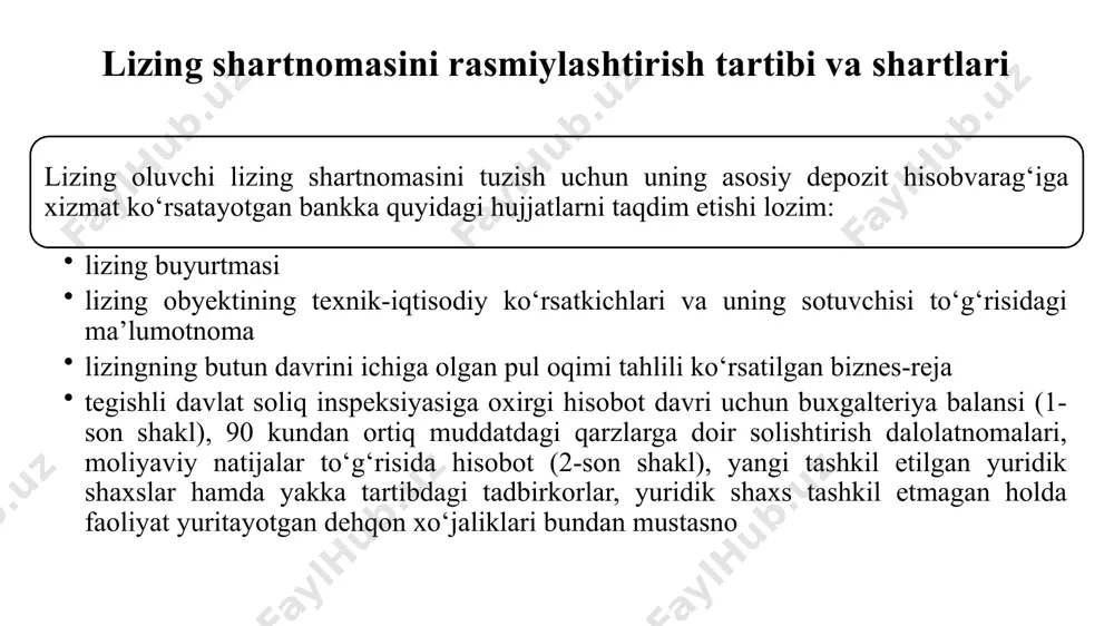uchinchi tomonga to’lovlarning to’lanishini kafolatlaydi shuningdek, mazkur operatsiyada trattalar aktseptlanishi orqali ham to’lovlar amalga oshirilishi mumkin quyidagi operatsiyalarning barchasi banklarning balansdan tashqari operatsiyalari jumlasiga kiradi. ishonchli mulk (egasi) (trast)- ishonchli trast ta’sischisi, - ishonchli mulkdor (shaxs)- va benefislar (manfaatdor ist’emolchi). trast operatsiyalarini boshqarish operatsiyalari saqlash ishonch bildiruvchi shaxs vakolatini bildirish (majlislarda qatnashish) daromad va investitsiyalarni boshqarish aktivlarni sotish va sotib olish zaymlarni jalb qilish va qoplash, qimmatli qog’ozlar birlamchi chiqarish va joylashtirish mulkni foydalanishga berish (sovga, vorisga) /docprops/thumbnail.jpeg