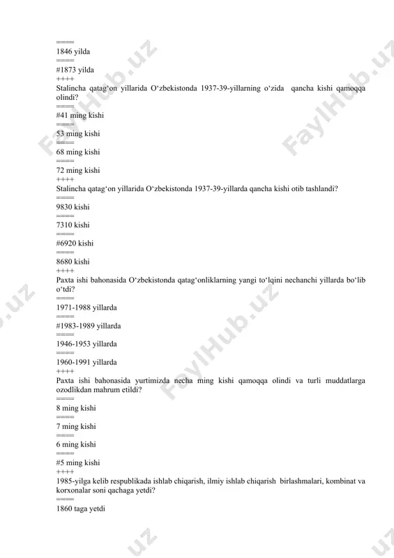 21-oktabrda ==== 1978-yil 18-noyabrda ==== 1983-yil 8-dekabrda ==== #1990-yil 19-fevralda ++++ 1990-yil 24-31-mart kunlari toshkentda o‘n ikkinchi chaqiriq o‘zbekiston ssr oliy sovetining birinchi sesiyasida qaysi qonun qabul qildi? ==== “o‘zbekiston ssr vitse-prezidenti lavozimini ta’sis etish to‘g‘risida” ==== #“o‘zbekiston ssr prezidenti lavozimini ta’sis etish to‘g‘risida” ==== “o‘zbekiston ssr oliy sovet raisi lavozimini ta’sis etish to‘g‘risida” ==== “o‘zbekiston ssr bosh vazir lavozimini ta’sis etish to‘g‘risida” ++++ 1990-yil 20-iyun kuni o‘zbekiston ssr oliy sovetining ikkinchi sessiyasida qanday hujjat qabul qilingan? ==== o‘zbekiston ssr konstitutsiyasi ==== o‘zbekiston ssr milliy ramzlari ==== #mustaqillik deklaratsiyasi ==== mustaqillik to‘g‘risida ++++ o‘zbekiston ssr mustaqillik deklaratsiyasi nechta moddadan iborat? ==== 22 moddadan iborat ==== 38 moddadan iborat ==== 17 moddadan iborat ==== #12 moddadan iborat ++++ o‘zbekiston ssr prezidenti islom karimov 1991 yil 19-avgust kuni rasmiy tashrif bilan qaysi davlatga jo‘nab ketdi? ==== amerika qo‘shma shtatlariga ==== xitoyga ==== #hindistonga ==== saudiya arabistoniga ++++ “ittifoq shartnomasini imzolash uchun eng …