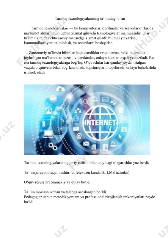 a namoyon bo‘ladi: ta’lim materiallariga kirish 24/7 bo‘ldi. talabaga mos kontentni shakllantirish (shaxsiy o‘quv yo‘nalishi). interaktiv darslar (video, audio, test, muhokama). global o‘quv imkoniyatlari – chet el universitetlarining ochiq kurslari, diplom dasturlari. ilmiy axborotlarga tezkor va keng ko‘lamli kirish (google scholar, jstor, researchgate). o‘qituvchi va talaba o‘rtasidagi tezkor muloqot (elektron pochta, forum, chatlar). zamonaviy o‘quvchi uchun internet texnologiyalari mustaqil izlanish, o‘zlashtirish, ijodiy yondashuv uchun asosiy vositadir. shu sababli, bu texnologiyalarni ta’limdan ajratib bo‘lmaydi. tarmoq orqali ta’limni tashkil qilish metodikasi tarmoq asosida ta’lim tashkil qilish maxsus metodikani talab etadi. bu jarayon quyidagi bosqichlarga bo‘linadi: 1. platformani tanlash: talabaga, fan turiga, dars shakliga qarab to‘g‘ri tizim tanlanadi (masalan, dasturlash kurslari uchun github + zoom, nazariy fanlar uchun moodle). 2. kontentni tayyorlash: darslar qisqa video, matn, slayd, test va mashqlar shaklida tayyorlanadi. 3. o‘quv jarayonini modellashtirish: har bir dars uchun topshiriq, muhokama, nazorat shakli belgilanadi. 4. aloqa tizimi: forumlar, chat, savol-javob sessiyalari, oflayn …