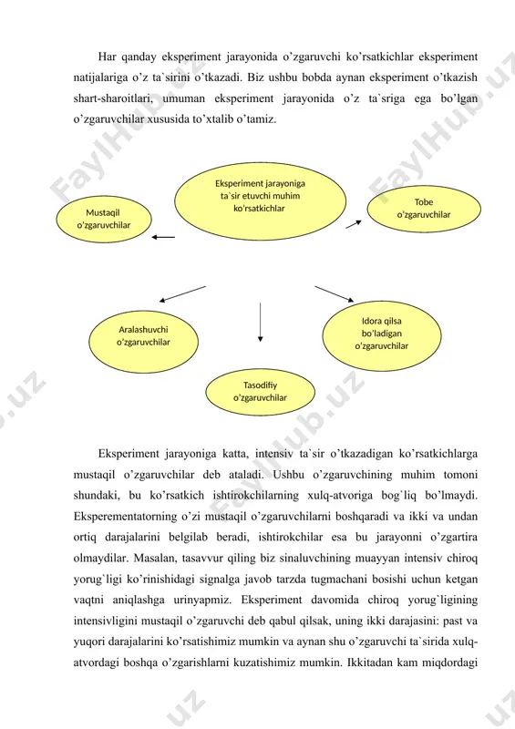 sh lozim. bu erda signaldan so’ng tugmachani bosishga sarflangan vaqt oralig`i tobe o’zgaruvchini tashkil etadi. ba`zida kutilayotgan bog`liqlik xarakteriga ko’ra ilmiy farazlarni shakllantirish maqsadga muvofiq bo’ladi. bizning ushbu tajribamizning ilmiy farazini quyidagicha shakllantirish mumkin: chiroq yorug`ligini intensivligi javob reaksiyalarini tezligini ta`minlashi mumkin. eksperiment natijasi esa ushbu ilmiy farazni tasdiqlab, uning ilmiy ahamiyatini yoritib beradi yoki aksincha, ilmiy faraz o’z tasdig`ini topmay yana boshqa ilmiy izlanishlarga xizmat qilishi mumkin. ba`zi hollarda ilmiy farazlar noaniq va mujmal ko’rinishga ega bo’lib, shunchaki, mustaqil o’zgaruvchilar ta`sirida xulq-atvor qanday o’zgarishi mumkinligiga javob berish holatiga o’xshab qoladi. bunday vaziyatda ilmiy faraz qandaydir savolga javobga o’xshab qoladi. ilmiy ahamiyatga ega bo’lgan ilmiy muammolarning echimiga qaratilgan savollargina ilmiy farazga aylanishi va amaliy qiymatga ega bo’lishi mumkin. masalan, agar tadqiqotchi tig`iz vaqt agressivlikni keltirib chiqaruvchi omil bo’la olishi mumkin yoki mumkin emasligini aniqlashga urinsa va buni ilmiy jihatdan asoslab bera olsagina qo’yilgan muammo ilmiy farazga aylanishi mumkin. hozirga qadar …