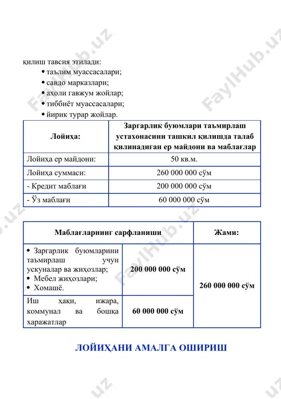 бир йиллик иш хақи 1 заргар уста 3 3 000 000 9 000 000 108 000 000 2 бухгалтер 1 2 500 000 2 500 000 30 000 000 3 фаррош 1 1 500 000 1 500 000 18 000 000 жами: 5 6 000 000 13 000 000 156 000 000 молиявий ҳисобот сўмда молиялаштириш манбалари ўз маблағи кредит жами лойиҳанинг қиймати 60 000 000 200 000 000 260 000 000 23% 77% 100% кредит шартлари кредит муддати 36 ой имтиёз даври 6 ой фоиз ставкаси 14 % йиллик кредит суммаси 200 000 000 сўм кредит қайтариш жадвали сўмда қайта-рилиш даври (ойлар бўйича) асосий қарз фоиз (14% йиллик) жами тўлов қолдиқ 1 - 2 333 333 2 333 333 200 000 000 2 - 2 333 333 2 333 333 200 000 000 3 - 2 333 333 2 333 333 200 000 000 4 - 2 333 333 …