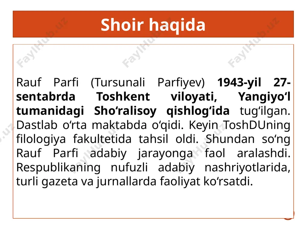 uyg‘oq suv, polizlarga ketadi shoshib. “yana qaytib keldim” she’ri qaytib keldim yana. chang to‘zgan yo‘limizni sog‘indim, ona. tom ustida maysalar o‘sgan uyimizni sog‘indim, ona. aziz dargoh ostonasida sizni qalbim bilan quchayin. to‘yib-to‘yib sopol kosada muzdek quduq suvin ichayin. “yurak” she’ri go‘yo baribirdir yaxshi va yomon, yurak, senga borar ko‘chalar ochiq. sachrab yonarsan-u, bo‘lmassan tamom, o‘tkinchi g‘amlarga achchiqma-achchiq. yurak, yo‘llaringda turganman takror, rosa sayraganman sening to‘g‘ringda. kim bilar, aqlimga kelding necha bor, necha bor so‘zladim sening yo‘g‘ingda. e’tiboringiz uchun rahmat! foydalanilgan adabiyot: adabiyot [matn] 11-sinf: darslik-majmua: /boqijon to‘xliyev, bahodir karimov, komila usmonova. – toshkent: «o‘zbekiston milliy ensiklopediyasi» davlat ilmiy nashriyoti, 2018. ushbu taqdimot slaydi mahsulotidir. diqqat! ushbu mahsulotni tijoriy maqsadda ko‘paytirish javobgarlikka sabab bo‘ladi! image13.jpg image14.jpg image15.jpg image16.jpg image17.jpg image18.jpg image19.jpg image20.jpg image3.png image4.png /docprops/thumbnail.jpeg