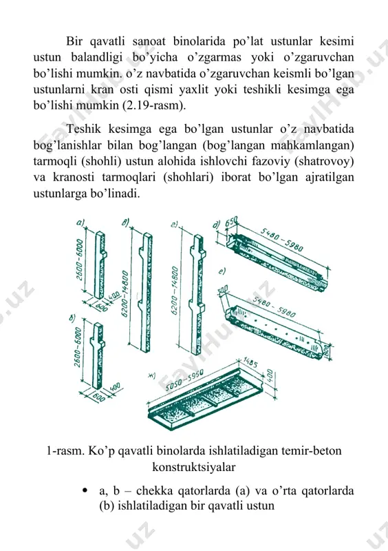 po’lat ustunlarni balandligi 9,6m gacha bo’lgan hamda 20t gacha yuk ko’taruvchi kranlar bilan jihozlangan binolarda qo’llaniladi. bunday ustunlar asosan markaziy siqilishga ishlab, asosan keng tokchali prokat qo’shtavrlardan tayyorlanadi. 2-rasm. ko’p qavatli sanoat binolarining ustun va devorlarini koordinatsiya o’qlariga bog’lash. · a – ustunlarni o’rta o’qlarga bog’lash · b, v – ustun va devorlarni chekka bo’ylama o’qlarga bog’lash · g, d – bino to’g’ri qismini bog’lash · e, j – ustunlarni ko’ndalang xarorat choki o’qlariga bog’lash. 3-rasm. rigellarning ustunlarga tayanishi: 1. ustun 2. rigelь 3. ochiq qoldirilgan armatura qismi 4. payvandlangan choklar 5. to’ldirilgan chok 6. payvand yordamida ulangan rigelь va tokcha quyma detallari. ajratilgan ustunlarni og’ir yuk (125t dan katta) ko’taruvchi ko’prik kranlar bilan jixozlangan sanoat binolarida ishlatiladi. ustunlarning pastki qismida ularni poydevorlarga qotirish uchun po’lat negizlar ko’zda tutilgan bo’ladi. negizlarni poydevorlarga mustahkamlashda poydevorlardagi maxsus, oldindan qoldirilgan anker boltlaridan foydalanadi. 4-rasm. ko’p qavatli sanoat binolari ustnlaridagi choklari: · a – …