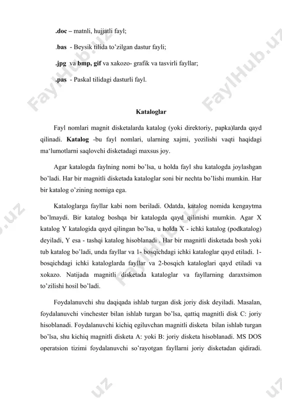 n foydalanuvchi o’rtasida muloqot komandalar orqali bo’ladi. dos komandasi komanda nomi va parametrlardan tashkil topadi. ms dos ishga tayyor bo’lganda foydalanuvchini muloqotga quyidagicha taklif qiladi: a\> yoki с:\> bu ms dos ning komandalarni qabul qilishga tayyorligini ko’rsatadi. ba‘zan ms dos ning taklifi joriy disk va katalog haqidagi ma‘lumotni o’z ichiga oladi. masalan: с:\> - с disq tub katalog; c:\nc > - c:. diskdagi nc katalog tushiniladi. dos taklif satri komandalar satri deb ataladi. komandani kiritish uchun uni komandalar satriga klaviaturadan terib [enter] tugmachasini bosish kerak. dos komandalari lotin alifbosida teriladi. komandalarni kiritishda quyiidagi tugmachalardan xatolarni to’g’rilash uchun foydalanish mumkin: [del] -joriy belgini olib tashlaydi, [backspace] - kursordan chapdagi belgini o’chiradi, [ins] - almashtirish rejimini kushadi yoki o’chiradi, [esc] - komandani butunlay o’chiradi, [f3] - komandalar satriga avvalgi komandani chaqiradi. buning uchun [ctrl] va [break] yoki [ctrl] va [c] ni bosish kerak. agar bu yordam bermasa, [ctrl]+[alt]+[del] ni klavishlarini bosib, ms …