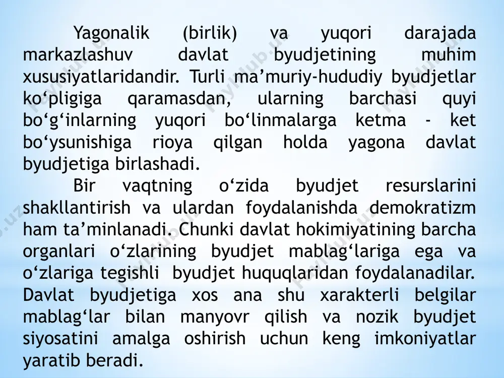 doirasida byudjet mablag‘larini qaytarilmaslik tarzida berish sodir bo‘ladi. ularning haqiqatda sarflanishi esa byudjetli taqsimlash jarayonining oxirgi bosqichida byudjet mablag‘larini olganlar tomonidan amalga oshiriladi. davlat byudjetining xarajatlari, xuddi uning daromadlari singari, ikkiyoqlama xarakterga ega. bir tomondan, bu davlatning xarajatlari, boshqa tomondan esa - sub’yektlarning ixtiyoriga tushadigan qaytarilmaydigan mablag‘lar bo‘lib, ularning daromadlariga aylanadi va ular tomonidan turli maqsadlarga mo‘ljallangan tegishli fondlarni shakllantirishda foydalaniladi. ana shu ikkiyoqlama xarakter davlat byudjeti xarajatlarining yakuniy emas, balki taqsimlash jarayonlarining oraliq bosqichi ekanligidan dalolat beradi. bu erda byudjet fondlarining egasi – davlat va pul mablag‘larini oluvchilar - sub’yektlar o‘rtasida yangi taqsimlash munosabatlari paydo bo‘ladi. byudjet kategoriyasi sifatida davlat byudjetining xarajatlari o‘zining turli ko‘rinishdagi shakllariga ega. ularning shakllari quyidagi ko‘rinishlarda bo‘lishi mumkin: - smetali moliyalashtirish (bunda korxona yoki tashkilot o‘z daromadlariga ega bo‘lmasdan davlat byudjetining mablag‘lari hisobidan to‘liq saqlanadi); - davlatning korxona va tashkilotlariga mablag‘ berish (bunda moliyalashtirish ob’yektlari sifatida faqat kapital qo‘yilmalar, aylanma mablag‘lar va operatsion xarajatlar …