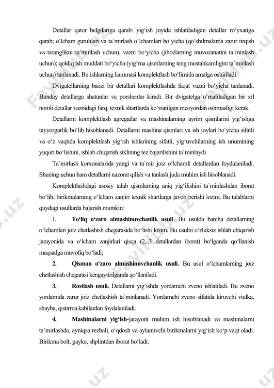 ktlashdagi asosiy talab qismlarning aniq yig‘ilishini ta`minlashdan iborat bo‘lib, birikmalarning o‘lcham zanjiri texnik shartlarga javob berishi lozim. bu talablarni quydagi usullarda bajarish mumkin: 1. to‘liq o‘zaro almashinuvchanlik usuli. bu usulda barcha detallarning o‘lchamlari joiz chetlashish chegarasida bo‘lishi lozim. bu usulni o‘zluksiz ishlab chiqarish jarayonida va o‘lcham zanjirlari qisqa (2...3 detallardan iborat) bo‘lganda qo‘llanish maqsadga muvofiq bo‘ladi; 2. qisman o‘zaro almashinuvchanlik usuli. bu usul o‘lchamlarning joiz chetlashish chegarasi kengaytirilganda qo‘llaniladi. 3. rostlash usuli. detallarni yig‘ishda yordamchi zveno ishlatiladi. bu zveno yordamida zarur joiz chetlashish ta`minlanadi. yordamchi zveno sifatida kiruvchi vtulka, shayba, qistirma kabilardan foydalaniladi. 4. mashinalarni yig‘ish-jarayoni muhim ish hisoblanadi va mashinalarni ta`mirlashda, ayniqsa rezbali, o‘qdosh va aylanuvchi birikmalarni yig‘ish ko‘p vaqt oladi. birikma bolt, gayka, shplintdan iborat bo‘ladi. galvanik qo‘llash elektr tok ta`sirida metall to‘zlarining eritmasidan metallarning ajralib chiqish xossasiga asoslangan. detal tok manbaining manfiy qutbiga katodga ulanganda, uning yeylgan sirtiga metall o‘tiradi. tok manbaining musbat qutbiga ulangan anod ikkinchi …