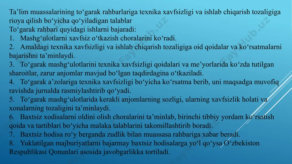 jadagi jismoniy tayyorgarligi, ularning yosh xususiyatlari, o‘ziga xosligi, jismoniy yuklamani o‘tkazish qobiliyati bilan bog‘liq. o‘qituvchi individual reja va tavsiyanomalarini tuzishda shug‘ullanuvchilarning o‘ziga xos xususiyatlari, xarakteri, mijozi, nerv tizimi xususiyatlariga tayanmog‘i lozim ayniqsa qiz bolalarga ta’lim berishda individual ishlash talab qilinadi. ularning psixologik xususiyatlari o‘g‘il bolalarga nisbatan alohida metodni, boshqacha jismoniy yuklamani talab etadi. onglilik va faollik prinsipi o‘quv-mashq jarayonida onglilik va faollik muhim ahamiyat kasb etadi. u yoki bu vazifani hal etish uni chuqurroq tushinib etish, metod va vositalarni to‘gri tanlash bilan hal etiladi. o‘qituvchi bolalarning mashg‘ulotga qiziqishini pasaytirmagan holda ham o‘quv-mashq, ham tarbiyaviy vazifalarni hal etadi. o‘qituvchi shug‘ullanuvchilar oldiga nafaqat yaqin vaqtga mo‘ldjallangan maqsadlarni qo‘yishi, balki istiqbolli rejalar tuzishi, shug‘ullaniuvchilarning mashqlarga munosabati, qiziqishini takomillashtirishi, har birining individual ham jamoaviylik sifatlarini nazardan chetda qoldirmasligi kerak. texnik-taktik o‘yin usullarining asl mohiyatini chuqur anglab etmasdan yuqori natijalarga umid bog‘lash qiyin. shug‘ullanuvchilar o‘zlarining faoliyat natijalarini anglab etishi, mashq yuklamalarini bajarishda bo‘layotgan fiziologik va …