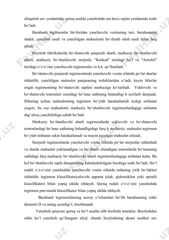 anchishgacha bo‘lgan kattaligining yanchishdan keyingi kattaligiga nisbatidan topiladi. dastlabki rudaning yanchiluvchanligi deganda uning yanchish natijasida etarli yiriklikdagi mahsulotga aylanish qobiliyatiga aytiladi. yanchiluvchanlikni aniqlashning bir necha usullari mavjud: ularning ichida eng ko‘p tarqalgani mexanobr usuli hisoblanadi. -4,7+0 mm yiriklikda tayyorlangan namuna elab, mayda: -4,7+2,4; - 2,4 + 1; -1+ 0,5; -0,5 + 0 mm li sinflarga ajratilib, ulardan 8-10 ta namuna tortib olinadi. bu namunalarni yanchiluvchanlikka tekshirish d×l = 300 x 215 mm li sharli tegirmonda amalga oshiriladi. tegirmonning hajmi v = 15 dm3, aylanish chastotasi n = 64,7 min-1, diametri 25 va 40 mm li sharlarning har qaysisi 14,5 kg dan (tegirmonning to‘ldirish darajasi 47 %). namunaning og‘irligini quyidagi formuladan aniqlaymiz: pn = 0,12 v c bu erda: 0,12 - tegirmonni ruda bilan to‘ldirish koeffitsienti (tegirmon hajmidan 12 % hajm miqdorida). v - tegirmonning hajmi, dm3. c - rudaning sochma zichligi, kg/dm3 (ruda zichligining 2/3 qismiga teng). tayyorlangan namunalar har …