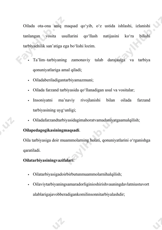 suliyat hissi rivoj topadi. shu sababli ham bola tarbiyasida ota-onaning mavqei alohida ahamiyatga egadir. ular tanlagan to‘g‘ri yo‘l farzandlarining kelajagi, kamoloti uchun nihoyatda muhimdir. jamiyatda farzandlari xulq-atvoriga qarab ota-onalariga baho berishni aytib ularni ogohlantiradi. mirzo ulug‘bekning qarashlarida bolaning bilim olishiga bo‘lgan qiziqishi havasini oshirishda u tarbiyalanayotgan muhit muhim o‘rin egallaydi. shunday ekan, avvalambor bola tarbiyasida oila muhitini to‘g‘ri tashkil qilish darkor. unsurul maoniy kaykovus «qobusnoma» pandnomasida o‘z farzanding sening haqingda qanday bo‘lishini tilasang, sen ham ota-onang haqida shunday bo‘lgil, nedinkim sen ota-onang haqida ne ish qilsang, farzanding ham sening haqingda shundoq ish qilur, chunki farzand mevaga, ota-ona mevali daraxtga o‘xshaydir» deb yoshlarni ota-onasini hurmat qilishga e’zozlashga, mehr-oqibatli bo‘lishga da’vat etadi. ota-ona o‘z farzandi uchun hatto o‘limga ham tayyorligini ta’kidlaydi. har bir farzand oqil va dono bo‘lsa, ota-ona mexr-muxabbatini ado etmakdin bosh tortmaydi. muhammad sodiq qoshg‘ariy «odob as-solixan» asarida uylanadigan yigit nikohdan oldin uylanmoqchi bo‘lgan qizini ko‘rmog‘i, uylanadigan qizining bokira bo‘lmog‘i …