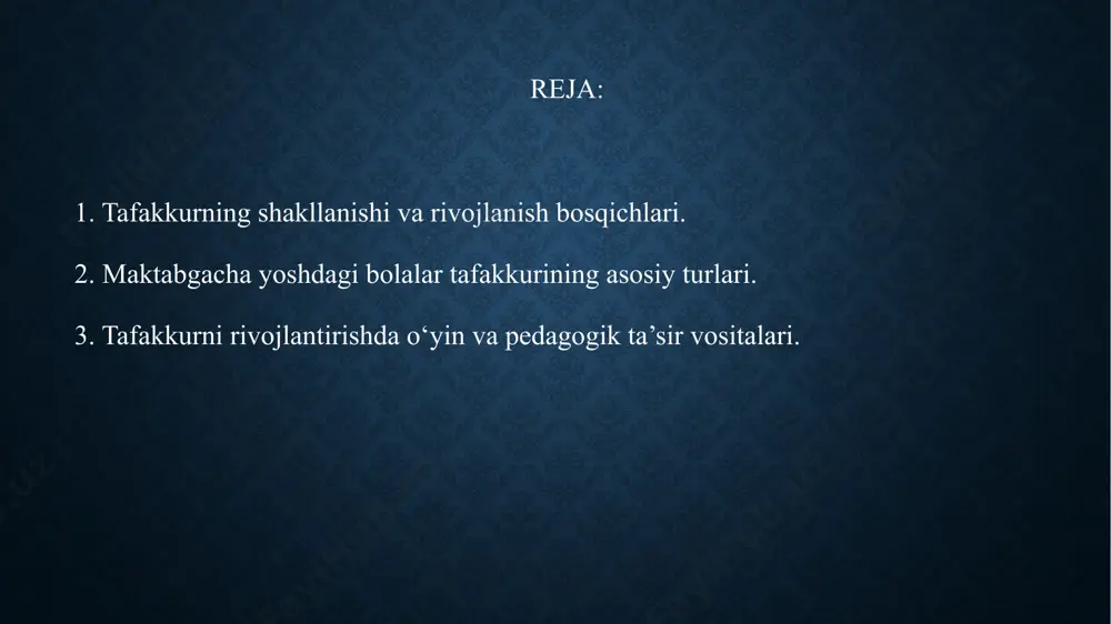 h keladi. konkret operatsiyalar bosqichi (7–11 yosh) – bola mantiqiy fikrlashni o‘zlashtira boshlaydi. formal operatsiyalar bosqichi (11 yoshdan keyin) – abstrakt, nazariy tafakkur shakllanadi. piage fikricha, maktabgacha yoshdagi bolalar tafakkuri egotsentrik bo‘lib, ular boshqalar fikrini tushunishda qiynaladi. bola o‘z fikrini asosli tushuntirishga hali tayyor emas, ko‘proq tasvirlashga, misollar orqali ifodalashga harakat qiladi. shu sababli, bu yoshda bola bilan ishlashda obrazli ifodalar, tasvirlar, real predmetlar orqali tushuntirish juda samaralidir. tafakkur shakllanishiga ta’sir etuvchi omillar tafakkurning shakllanishi ko‘plab omillarga bog‘liq. jumladan: tashqi muhit – oila, bog‘cha, atrofdagi odamlar bola tafakkurining shakllanishida asosiy o‘rin tutadi. keng qamrovli va ijobiy muhit bolaning aqliy rivojlanishini rag‘batlantiradi. muloqot – katta yoshdagilar bilan muloqot bolaning nutqini rivojlantiradi, bu esa tafakkur taraqqiyoti uchun muhim poydevor bo‘ladi. faoliyat turlari – bola rasm chizish, qurish, o‘yin o‘ynash, ertak tinglash kabi faoliyatlarda ishtirok etganda tafakkur har tomonlama rivojlanadi. 2. maktabgacha yoshdagi bolalar tafakkurining asosiy turlari maktabgacha yosh davri bolaning psixik rivojlanishida …
