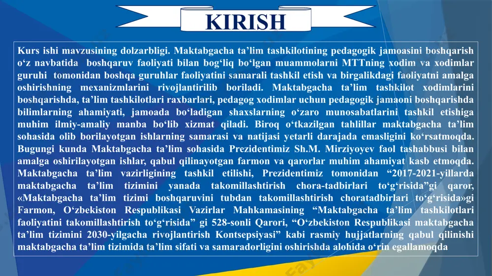 ’limning huquqiy-me’yoriy asoslari davlat maktabgacha ta’lim tashkilotlarida faoliyat yuritayotgan pedagog kadrlarning aksariyati o‘rta maxsus ma’lumotga ega bo‘lib, bolalarni maktab ta’limiga talab darajasida tayyorlash imkonini bermaydi. bundan tashqari, maktabgacha ta’lim sifati monitoringini yuritish tuzilmaviy va tashkiliy jihatdan nazarda tutilmaganligi sababli, maktabgacha ta’lim tashkilotlaridagi ta’lim jarayonining sifati va samaradorligini baholash zamon talablariga javob bermaydi. xorijiy davlatlar ilg‘or tajribasining tahlili zamonaviy maktabgacha ta’lim tashkilotlarida maktabgacha yoshdagi bolalarni rivojlantirish uchun sharoitlarni yaratishga yo‘naltirilganligi bilan tavsiflanib, bolaning ijobiy ijtimoiylashuvi imkoniyatlarini namoyon qilish, uning har tomonlama shaxsga oid ma’naviy-axloqiy va ongli rivojlanishi, maktabgacha yoshga oid tegishli faoliyat turlari asosida tashabbuskorligi va ijodiy qobiliyatlarini rivojlantirishga, muloqot doirasida katta yoshdagilar va tengdoshlari bilan hamkorlik qilish imkoniyatlarini ochishga qaratilgan. i bob. maktabgacha ta’limni tashkil etish va uni boshqarish prezidentimiz sh.mirziyoyev tomonidan maktabgacha ta’lim sohasidagi islohotlar izchil davom ettirilib, maktabgacha ta’lim tashkilotlari tarmog‘ini hozirgi zamon talablari va standartlari asosida rivojlantirish, ularni rekonstruksiya va modernizatsiya qilishga qaratilgan e’tibor zamirida ham kelajagimiz …