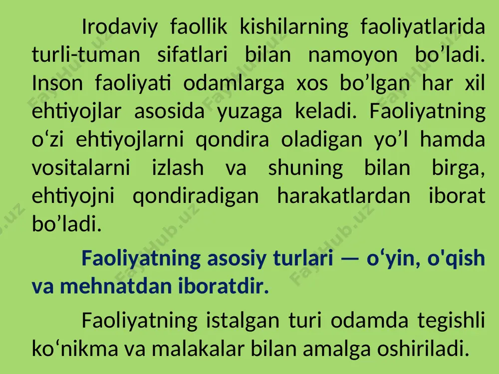 za olmaslik, ruchka yoki qalamni to‘g‘ri ushlay olmaslik «а» harfini yoza olmaslikdan dalolat beradi. bolg‘achani sopidan to‘g‘ri ushlay bilmaslik va bolg‘a urishda qo’lning noto‘g‘ri harakat qilishi mix qoqa bilmaslikni ko‘rsatadi. bunda o’quvchi «а» harfining qanday yozilishini va bolg‘acha bilan qanday qilib mix qoqilishini bilishi va hatto gapirib berishi mumkin. ko‘nikmalar qay daraja o'sganligi jihatidan bir-biridan farq qilishi mumkin. shuning uchun ko‘nikm a faqat bilim talab qilibgina qolmay, balki, albatta, qandaydir maqsad amalga oshiriladigan o'zaro mos harakatlarda ham ifodalanadi. o‘quvchilar ko‘nikma bilan bog‘liq bo'lmagan bilimlarga ega bo’lishi mumkin. masalan, o‘quvchi kasrlarni ko‘paytirish qoidasini bilishi mumkin, lekin bunday hisob amalini bajara olmasligi ham mumkin, yoki o‘quvchi orfografiya qoidalarini bilgani bilan savodli yoza olmasligi mumkin. ko'nikmalar amaliy faoliyatga, bilimlarni amalda qo’llay bilishga oiddir. yuqorida aytib o'tganimizdek, bilimlarga odatlanmagan hech qanday ko‘nikma bo’lishi mumkin emas. to‘g‘ri yozish uchun grammatika qoidalarini bilish shart. shu bilan birga, ko'nikma hosil qilish uchun o‘quvchi tegishli natijalarga erishtiruvchi to‘g‘ri …