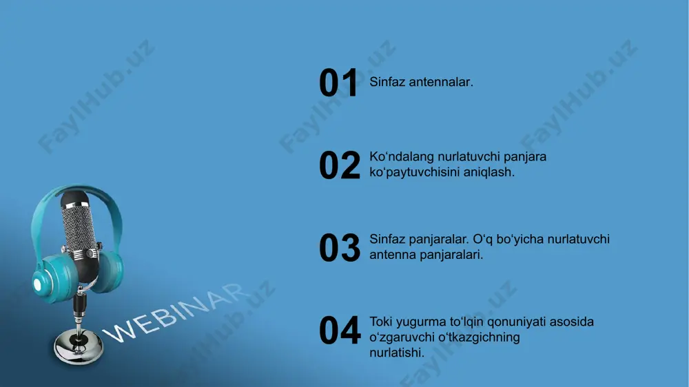 un ham o‘rinli. 1-rasm ko‘ndalang nurlatuvchi panjara ko‘paytuvchisini aniqlash. bir biriga nisbatan φ burchakka siljigan alohida tebratgich maydonlarining qo‘shilishi 1,b-rasmda keltirilgan. undagi barcha tebratgichlarning m nuqtada hosil qilgan maydon yig‘indilarini yen deb belgilaymiz. hosil bo‘lgan ko‘pburchakning chekkalaridan tushirilgan perpendikulyarlar o nuqtada kesishadi va bu nuqta aylana radiusining markazi hisoblanadi. endi oav va oas uchburchaklar uchun quyidagi ifodalarni yozamiz. yuqorida ko‘rib chiqilgan antenna panjarasi yo‘naltirilmagan nurlatkichlardan tashkil topgan edi. agar chiziqli panjara yo‘naltirilgan simmetrik tebratgichlardan tashkil topgan bo‘lsa, u holda har bir tebratgich hosil qilgan maydon kuchlanganligi ye1 uning yo‘nalganlik xususiyati f1(φ) bilan ifodalanadi va natijaviy yo‘nalganlik xarakteristikasi quyidagiga teng bo‘ladi f(φ)= f1(φ) * fc(φ) . sinfaz panjaralar sinfaz panjaralar amaliyotda tok fazalari va amplitudalari bir xil bo‘lgan (teng taqsimlangan sinfaz panjaralar) tebratgichli antenna panjaralar yo‘naltirilgan antenna sifatida radioaloqada, ovozli eshittirish va televideniyada keng qo‘llaniladi. sinfaz panjaralar joylashuv chiziqlariga nisbatan perpendikulyar yo‘nalish bo‘yicha (φ=0 va 1800) еtarlicha uzoq masofalarga energiya uzatganda, …