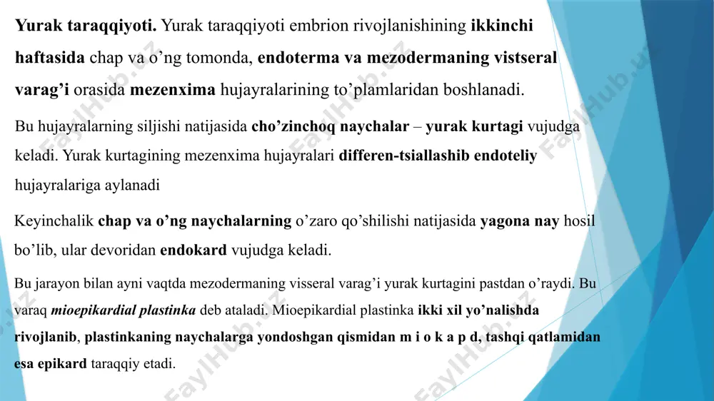 i hujayralar – mezoteliy bilan qoplangan. yurak devori toj arteriyalar hisobiga oziqlanadi. toj arteriyalar tarmoqlanib yurak devorining uchala qavatiga yo’naladi va kapillarlarga bo’linadi. kapillarlar qo’shilib toj venalarini hosil qiladi. toj venalar o’ng bo’lmachaga yoki g’ovak venasi ichiga quyiladi. yurak tibeziya tomirlari deb ataluvchi maxsus tomirlar sistemasi bo’lib, u tomirlar bevosita yurak kameralariga tutashadi. yurak avtomatiyasi tinch holatda yurak 1 minutda 70 marta qisqaradi. yurak bir kecha-kunduzda 100000 marta qisqarib, 10 tonnaga yaqin qonni qon tomirlariga chiqaradi. yurak tanadan ajratilganda ham ma’lum vaqt davomida qisqarib turadi. bu xususiyat yurak muskullarida joylashgan maxsus hujayralarda paydo bo‘lib turadigan qo‘zg‘alishlar bilan bog‘liq. yurakning o‘z muskullarida paydo bo‘ladigan qo‘zg‘alishlar ta’sirida bir me’yorda qisqarish xususiyati yurak avtomatiyasi deyiladi. yurak sikli yurak bo‘lmalari va qorinchalar navbat bilan qisqaradi. yurak bo‘lmalari va qorinchalarining bir martadan qisqarib, bo‘shashi yurak sikli deyiladi. yurak bo‘lmalarining qisqarishi 0,1 sekund davom etadi; qon bo‘lmalardan qorin­chalarga chiqariladi. shundan so‘ng chap va o‘ng qorinchalar 0,3 …