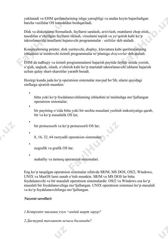 arning resurs va imkoniyatlaridan unumli foydalanishni, shu bilan birgalikda foydanuvchi, programma ta’minoti va ehm o‘rtasida o‘zaro qulay muloqotni ta’minlash uchun xizmat qiladi. yuqoridagi fikrlarga tayangan holda operatsion sistemalarning asosiy vazifasi uch turdagi qulay muloqotlarni - interfeyslarni yaratishdan iborat deb qarash mumkin: -foydalanuvchi bilan kompyuterning programma va apparat vositalari orasidagi interfeys (foydalanuvchi uchun interfeys); -kompyuterning apparat va programma ta’minoti orasidagi interfeys; -programma ta’minotining turli ko‘rinishlari orasidagi interfeys. kompyuter elektr tarmog‘iga ulanganda, operatsion sistema (os) tezkor xotiraga yuklanadi va ehm qurilmalarining ishga yaroqliligi va undan keyin bajariladigan barcha vazifalar os tomonidan boshqariladi. disk va disketalarni formatlash, fayllarni saralash, arxivlash, matnlarni chop etish, tasodifan o‘chirilgan fayllarni tiklash, viruslarni topish va yo‘qotish kabi ko‘p takrorlanuvchi amallarni bajaruvchi programmalar - utilitlar deb ataladi. kompyuterning printer, disk yurituvchi, displey, klaviatura kabi qurilmalarining ishlashini ta’minlovchi tizimli programmalar to‘plamiga drayverlar deb ataladi. ehm da tadbiqiy va tizimli programmalarni bajarish paytida fayllar ustida yozish, o‘qish, saqlash, izlash, o‘chirish kabi …
