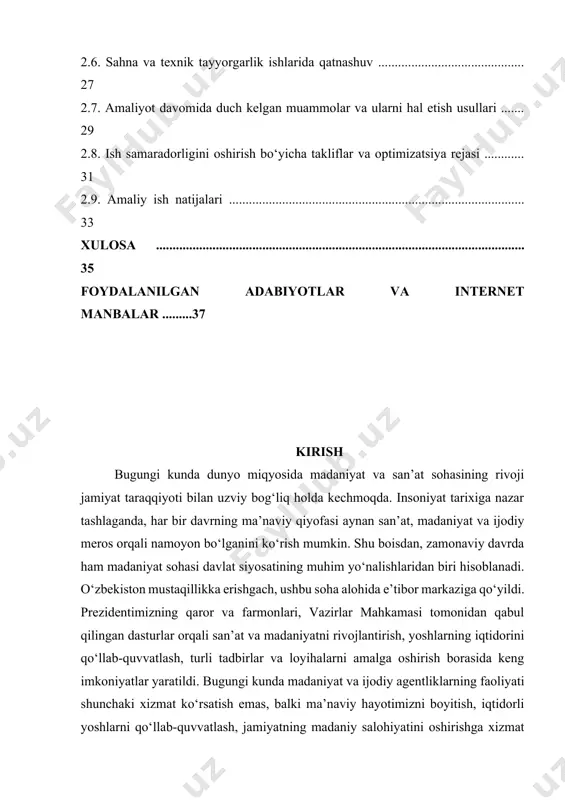tainment agentligi ham mamlakatimizda san’at va madaniyat sohasida faoliyat olib borayotgan yirik tashkilotlardan biridir. bu agentlik turli ko‘lamdagi konsertlar, ijodiy loyihalar, reklama kampaniyalari, shou dasturlar va madaniy tadbirlarni tashkil etish bo‘yicha o‘ziga xos tajribaga ega. agentlik faoliyatida zamonaviy boshqaruv usullari, jamoaviy hamkorlik, ijodiy yondashuv va texnik imkoniyatlarning uyg‘unlashganini ko‘rish mumkin. shu sababli, bu yerda amaliyot o‘tkazish nafaqat nazariy bilimlarni mustahkamlash, balki bevosita ijodiy jarayonlarga sho‘ng‘ib, hayotiy tajriba orttirish uchun ham katta imkoniyat yaratadi. amaliyotchi sifatida ushbu agentlikda o‘tgan vaqt mobaynida men turli jarayonlarni kuzatdim, tadbirlarni tashkil etishda ishtirok etdim, ijodiy jamoa bilan yaqindan hamkorlik qildim. jarayon davomida sahna tayyorgarligi, tashkiliy masalalar, marketing va reklama faoliyati, hujjatlar bilan ishlash, mijozlar bilan muloqot kabi yo‘nalishlarda tajribaga ega bo‘ldim. eng muhimi, amaliyot orqali nazariyada o‘rgangan bilimlarimni hayotiy jarayonlarda qo‘llash imkoniyatiga ega bo‘ldim. bu esa kelajakda kasbiy faoliyatim uchun mustahkam zamin yaratdi. mazkur amaliy hisobotning kirish qismida sazu entertainment agentligining dolzarbligi, jamiyatdagi o‘rni va …
