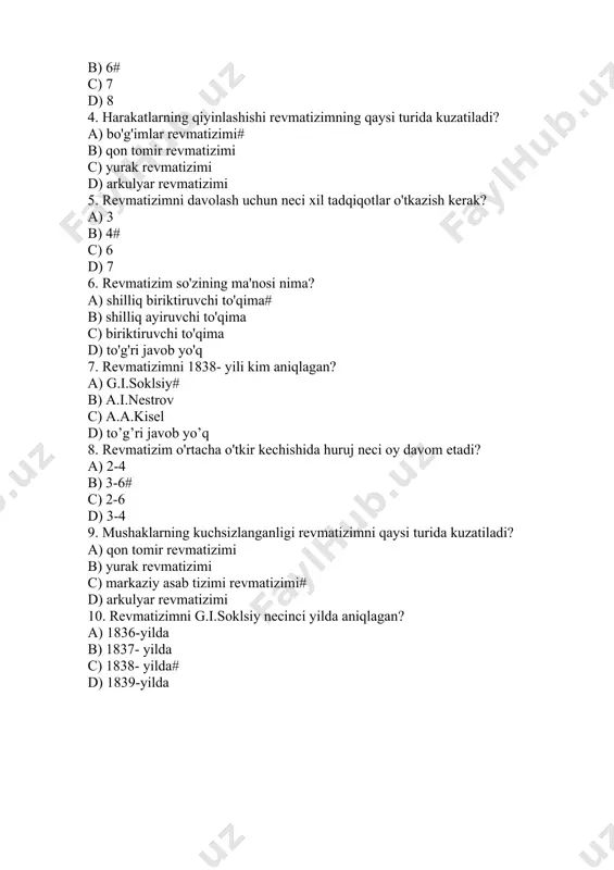 o'g'ri 5.eti uvishish, istima, nam yo'tal kabi belgilar qaysi kasallikka tegishli a)gaymorit b) pnevmoniya# c) qandli diabet d) suvchechak 6. pnevmoniyaga sabab bo'luvchi kasalliklar....? a)viruslar, genetik tasir, ko'kyo'tal b)zamburug'lar, koronavirus, viruslar# c) jismoniy tasirlar, genetik tasirlar, psixogen tasirlar d)psixogen tasirlar, zamburug'lar, genetik tasir 7. daun sindromi qanday kasallik? a)somatik b) ruhiy# c) klinik d)hammasi noto'g'ri 8.daun bolalarning tug'ilishiga sabab nima? a)homladorlikdagi turli xil travmalar b)onaning yoshi kattaligi# c) onaning yoshligi d)barcha javoblar to'g'ri. 9.daun bilan kasallanganlar uzog'i nech yil umr ko'radilar? a )40 yosh b)50 yosh # c) 60 yosh d) 70 yosh 10.pnevmoniya kasalligiga eng kop sabab bo'luvchi kasallik qaysi? a)ko'kyo'tal b)pnevmogok # c)zamburug'lar. d) koronavirus to'rayev muhammadsodiq autizm so'zi qanday ma'noni anglatadi? a)"lotincha" o'zim b)"grekcha" o'zim# c)"lotincha" yakka qolmoq d)"grekcha" yakka qolmoq 2.autizm kasalligi nechanchi yili fanga kiritilgan? a)1941 b)1942 c)1943# d)1944 3.autizm kasalligi kim tomonidan fanga kiritilgan? a)le'o kanner# b)j.morenno c)hans seljev d)ye. krepelin 4.autizm kasalligi yoshga …