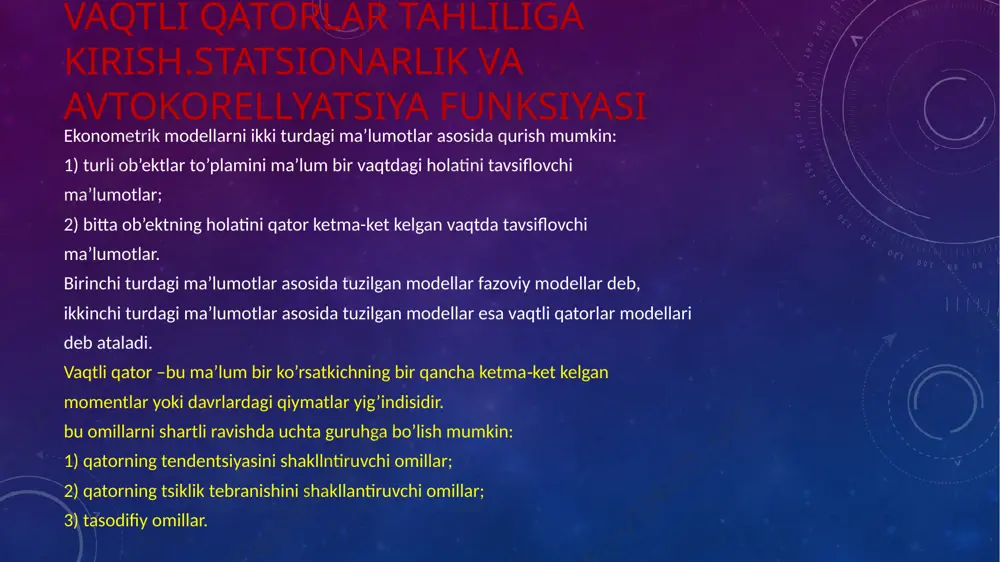 tashkil topadi. 7.1v)-rasmda faqat tasodifiy komponentalarga ega bo’lgan qator keltirilgan. albatta, yuqorida keltirilgan modellarning hech biridan to’lig’icha haqiqiy ma’lumotlar kelib chiqmaydi. asosan, modellar uchchala komponentalarni o’z ichiga oladi. qatorning har bir darajasi tendentsiya, davriy tebranishlar va tasodifiy komponentalar ta’sirida shakllanadi. ko’p holatlarda vaqtli qatorlarning haqiqiy darajasini trend, tsiklik va tasodifiy komponentalarning yig’indisi yoki ko’paytmasi shaklida tasavvur qilish mumkin. uchchala komponentalarning yig’indisidan tuzilgan model vaqtli qatorning additiv modeli deyiladi. chala komponentalarning ko’paytmasidan tuzilgan model vaqtli qatorning multiplikativ modeli deyiladi. alohida vaqtli qatorlarni ekonometrik tadqiq qilish – yuqorida olingan ma’lumotlarni qatorning kelajakdagi qiymatlarini bashoratlash uchun yoki ikki va undan ko’p davriy qatorlarning o’zaro bog’langan modellarini tuzishda qo’llash uchun komponentalarning har biriga miqdoriy ifodalarni (qiymatlarni) aniqlash va berishdan iborat. biri qator darajalarini vaqtga bog’liqligini yoki trendni tavsiflovchi analitik funktsiyalarni tuzishdan iborat. bu usul vaqtli qatorlarni analitik tekslash deb ataladi. vaqt bo’yicha bog’lanishlar turli shakllarda bo’lishi mumkin, ularni aniq bir shaklga keltirish uchun turli …