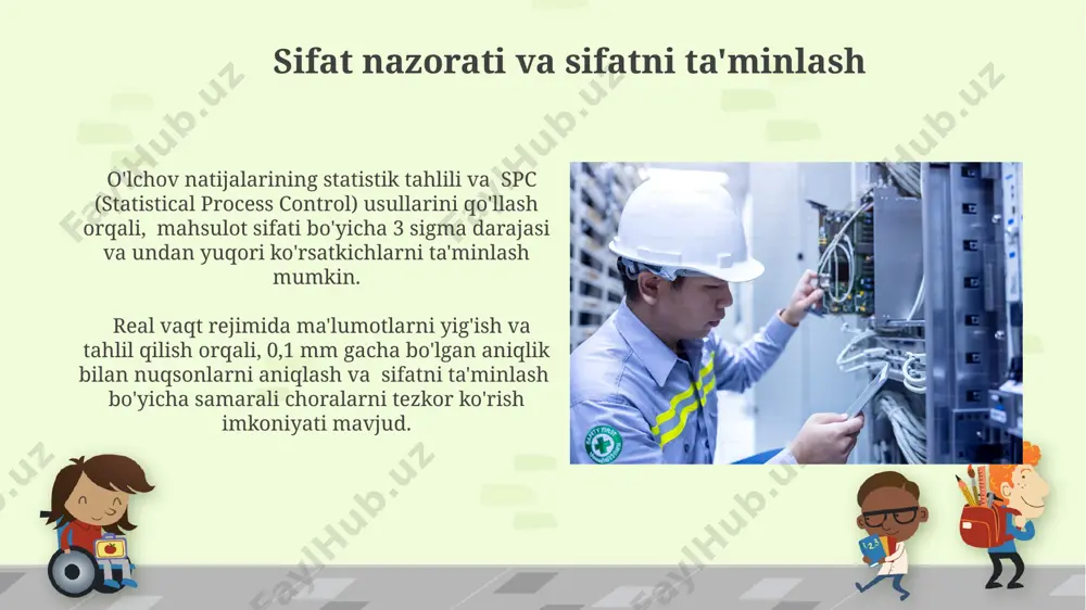 a'minlash yuqori aniqlikdagi o'lchov tizimlari 0,1% dan kam xatolik bilan o'lchashni ta'minlaydi, bu esa ishlab chiqarish jarayonlarida yuqori sifatli mahsulotlarni yaratishga imkon beradi. zamonaviy elektr o'lchov tizimlari 10-6 darajali aniqlikni ta'minlab, mikro va nano darajadagi parametrlarni o'lchash imkonini beradi. e'tiboringiz uchun rahmat @taqdimot_robot image6.jpg image7.jpg image8.jpg image9.jpg image10.jpg image11.jpg image12.jpg image13.jpg image14.jpg image15.jpg image1.png