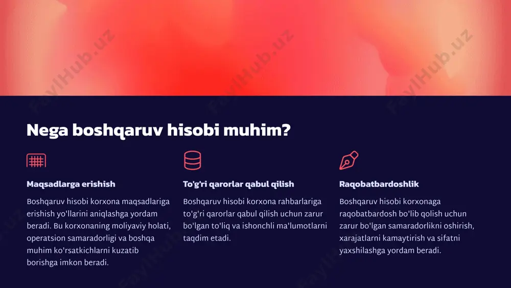 v hisobi esa moliyaviy va moliyaviy bo'lmagan ma'lumotlardan foydalanadi. vaqt oralig'i buxgalteriya hisobi odatda tarixiy ma'lumotlar bilan ishlaydi. boshqaruv hisobi esa hozirgi va kelajakdagi ma'lumotlarga e'tibor qaratadi. boshqaruv hisobining tashkil qilinishi 1 maqsadlarni aniqlash boshqaruv hisobi tizimining maqsadi aniq belgilanadi. 2 axborot tizimini tanlash korxonaning o'ziga xos xususiyatlariga mos keladigan axborot tizimi tanlanadi. 3 hisob tizimini sozlash axborotni to'plash, ishlov berish va tahlil qilish jarayonlari sozlanadi. 4 xodimlarni o'qitish hisob tizimini qo'llash bo'yicha xodimlarni o'qitish amalga oshiriladi. boshqaruv hisobi tizimini tashkil qilish bir necha bosqichda amalga oshiriladi. bu bosqichlarni o'z vaqtida va sifatli amalga oshirish muhimdir. umumiy boshqaruv hisobini tashkil qilish 1 ma'lumotlar bazasini yaratish bu jarayon korxonaning barcha moliyaviy operatsiyalarini qayd etish va ularga kirish imkonini beradi. 2 hisobot tizimini ishlab chiqish bu tizim korxonaning faoliyati to'g'risida zarur ma'lumotlarni taqdim etishni ta'minlaydi. 3 boshqaruv hisobini amalga oshirish hisobot tizimi yordamida tahlil va prognozlarni amalga oshirish, qarorlar qabul qilish va …