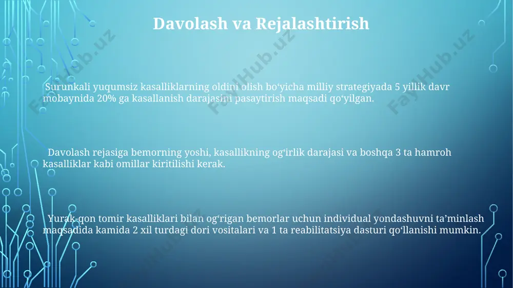 amrab oladi. jamiyat sog'lig'iga ta'siri surunkali kasalliklarga chalinganlarning 70% dan ortig'i qashshoqlik chegarasida yoki undan pastda yashaydi, bu esa sog'liqni saqlash xizmatlariga kirish imkoniyatlarini cheklaydi. ushbu kasalliklar mehnatga layoqatli aholi sonini 30% ga kamaytirib, milliy iqtisodiyotga yiliga 5 milliard dollarga yaqin zarar yetkazishi mumkin. surunkali yuqumsiz kasalliklar o'zbekistonda har yili 150 000 dan ortiq o'limga sabab bo'lib, yallig'lanish jarayonlari va immunitet tizimining susayishiga olib keladi. surunkali yuqumsiz kasalliklarning turlari surunkali obstruktiv o'pka kasalligi (sook), asosan tamaki chekish natijasida kelib chiqadigan va nafas olish bilan bog'liq muammolarni keltirib chiqaradigan surunkali kasallik bo'lib, dunyo miqyosida 65 million kishini kasal qilmoqda. jahon sog'liqni saqlash tashkilotining ma'lumotlariga ko'ra, diabet kasalligi 2021 yilda dunyo bo'ylab 537 million kishini qamrab olgan va bu soni har yili o'sib bormoqda. diabetning turli xil turlari mavjud. surunkali yurak-qon tomir kasalliklari, shu jumladan, gipertenziya va koronar arteriya kasalligi, global miqyosda o'limning 17 million holatiga sabab bo'ladi, bu esa umumiy o'limning …