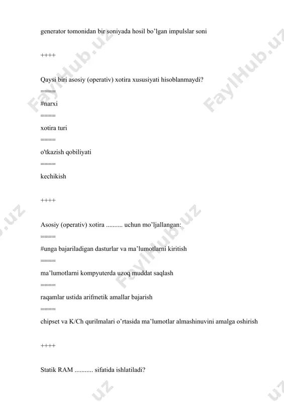 tributivi ....... turidagi grafik ish muhitiga ega ==== #gnome ==== kde ==== xfce ==== ixde ++++ jpg, gif, png, tiff - bu ......... ==== #grafik fayl kengaytmalari ==== turli xil fayl tizimlari nomlari ==== linux da katalog nomlari ==== matnli fayl kengaytmalari ++++ linux va windows operatsion tizimlari o'rtasidagi asosiy farq nimada? ==== #operatsion tizim kodining ochiqligi ==== mashhurlik va ommaboplik ==== narxlarning turli xil ekanligi ==== grafik ish muhitlarining farqi ++++ dasturiy ta'minot bu ........ ==== #kompyuterga o'rnatilgan dasturlar to'plami ==== qattiq diskda mavjud bo'lgan barcha dasturlar ==== mavjud bo'lgan barcha qurilmalar ==== kompyuterga o'rnatilgan qurilmalar to'plami ++++ operatsion tizim .......... hisoblanadi ==== #tizimli dasturiy ta'minot ==== amaliy dasturiy ta'minot ==== instrumental dasturiy ta'minot ==== kompyuter qurilmalarini boshqarish uchun mo'ljallangan dasturiy ta'minot ++++ operatsion tizim bu ......... ==== #kompyuterni boshqarish va uning foydalanuvchi bilan o'zaro aloqasini tashkil etuvchi dasturlar to'plami ==== amaliy dasturiy ta'minot ==== umumiy foydalanish qurilmalari va …