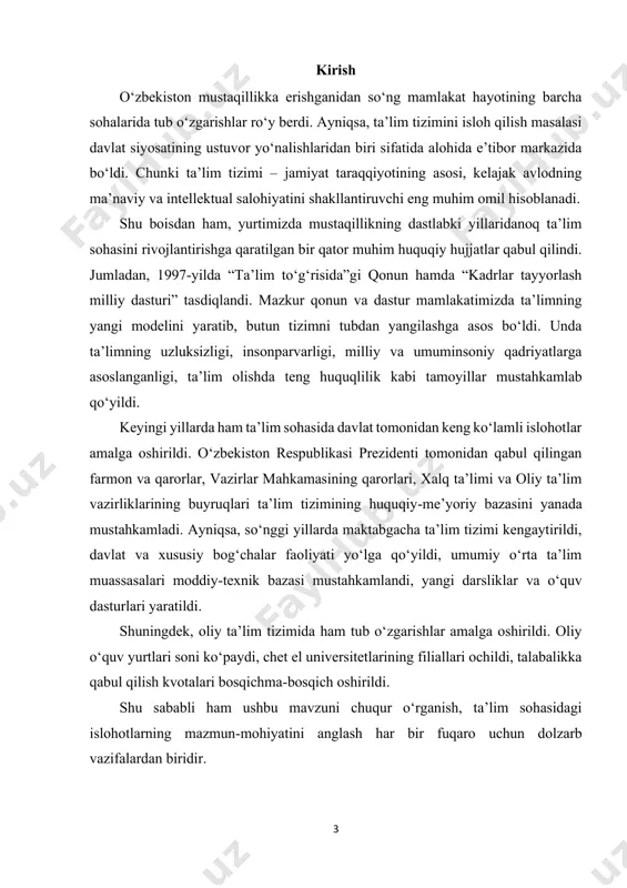 idagi turlari mavjud: maktabgacha ta’lim, umumiy o‘rta ta’lim, o‘rta maxsus va professional ta’lim, oliy ta’lim, oliy ta’limdan keyingi ta’lim, kadrlar malakasini oshirish va qayta tayyorlash, shuningdek maktabdan tashqari ta’lim. bu bosqichlarning barchasi yagona ta’lim tizimining uzviy bo‘g‘inlarini tashkil etadi. maktabgacha ta’lim – bolalarni maktab ta’limiga tayyorlashda, ularning aqliy va jismoniy rivojlanishini ta’minlashda muhim bosqichdir. umumiy o‘rta ta’lim – majburiy va bepul bo‘lib, fuqarolarning asosiy bilim va ko‘nikmalarga ega bo‘lishini 5 kafolatlaydi. o‘rta maxsus va professional ta’lim – kasb-hunar maktablari va texnikumlarda tashkil etilib, yoshlarning tanlagan mutaxassislik bo‘yicha bilim olishiga imkon beradi. oliy ta’lim – bakalavriat va magistratura bosqichlaridan iborat bo‘lib, yuqori malakali kadrlar tayyorlashni ta’minlaydi. oliy ta’limdan keyingi bosqich esa doktorantura va ilmiy tadqiqotlar bilan bog‘liq bo‘lib, fan sohasida yangi yutuqlarni amalga oshirishga qaratilgan. bundan tashqari, kadrlar malakasini oshirish va qayta tayyorlash tizimi mutaxassislarning doimiy ravishda yangicha bilimlar bilan boyib borishini ta’minlaydi. “ta’lim to‘g‘risida”gi qonunning qabul qilinishi o‘zbekiston ta’lim tizimining …